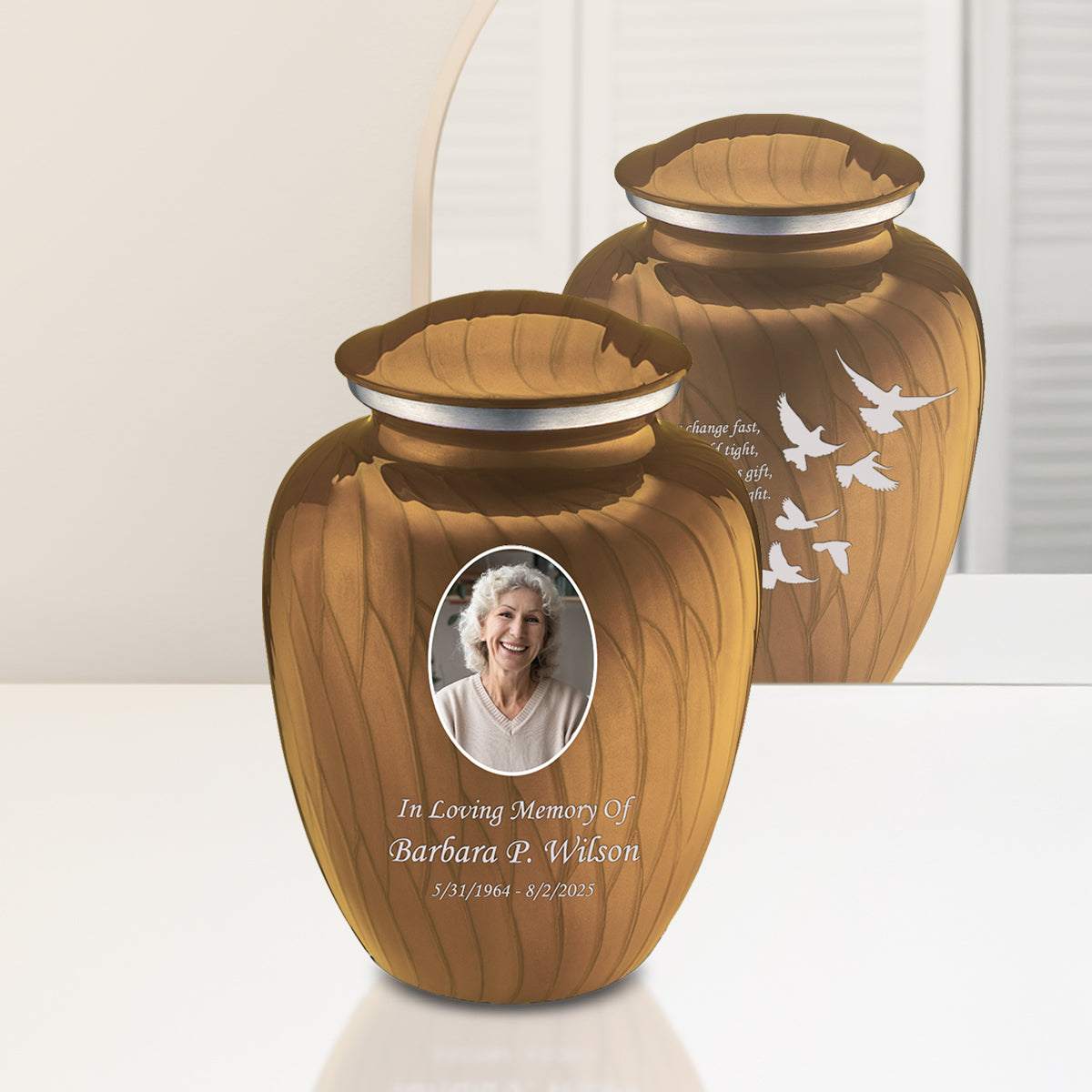 Adult Embrace Pearl Gold Portrait with Doves Cremation Urn