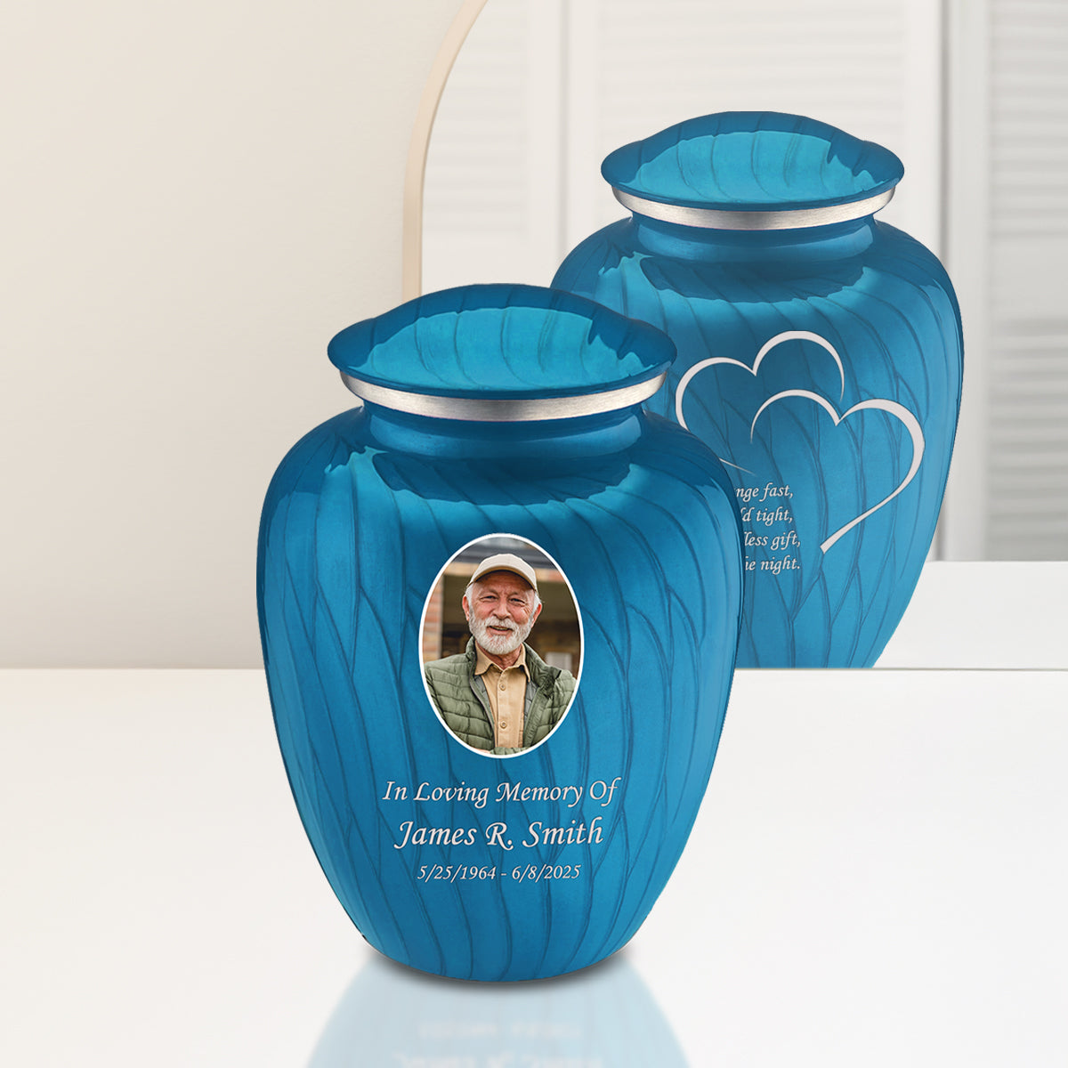 Adult Embrace Pearl Racing Blue Portrait with Hearts Cremation Urn