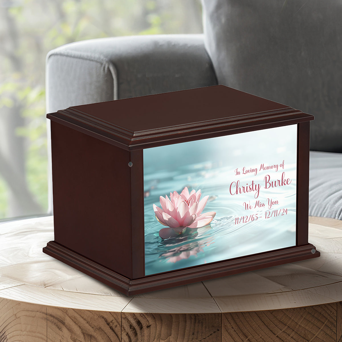 Custom Printed Heritage Everlasting Expressions Lotus Flower Wood Box Cremation Urn