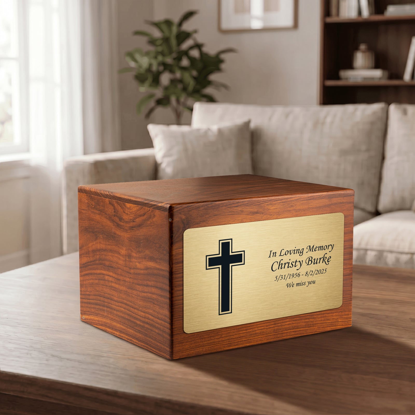 Adult Aura Simple Cross Custom Engraved Solid Wood Box Cremation Urn