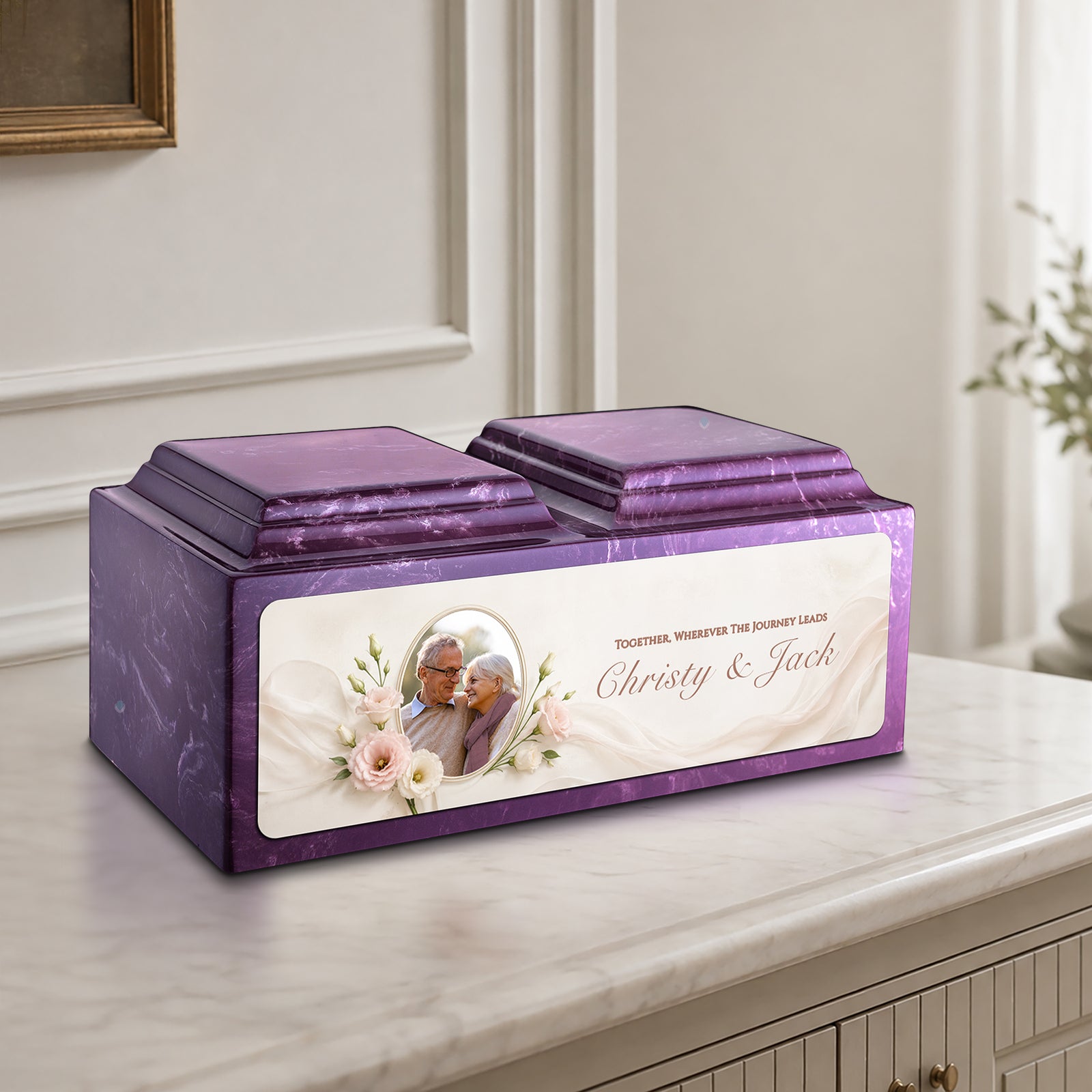 Adult Companion Custom Flower Couple Portrait Memorial Amethyst Cultured Marble Urns by MacKenzie