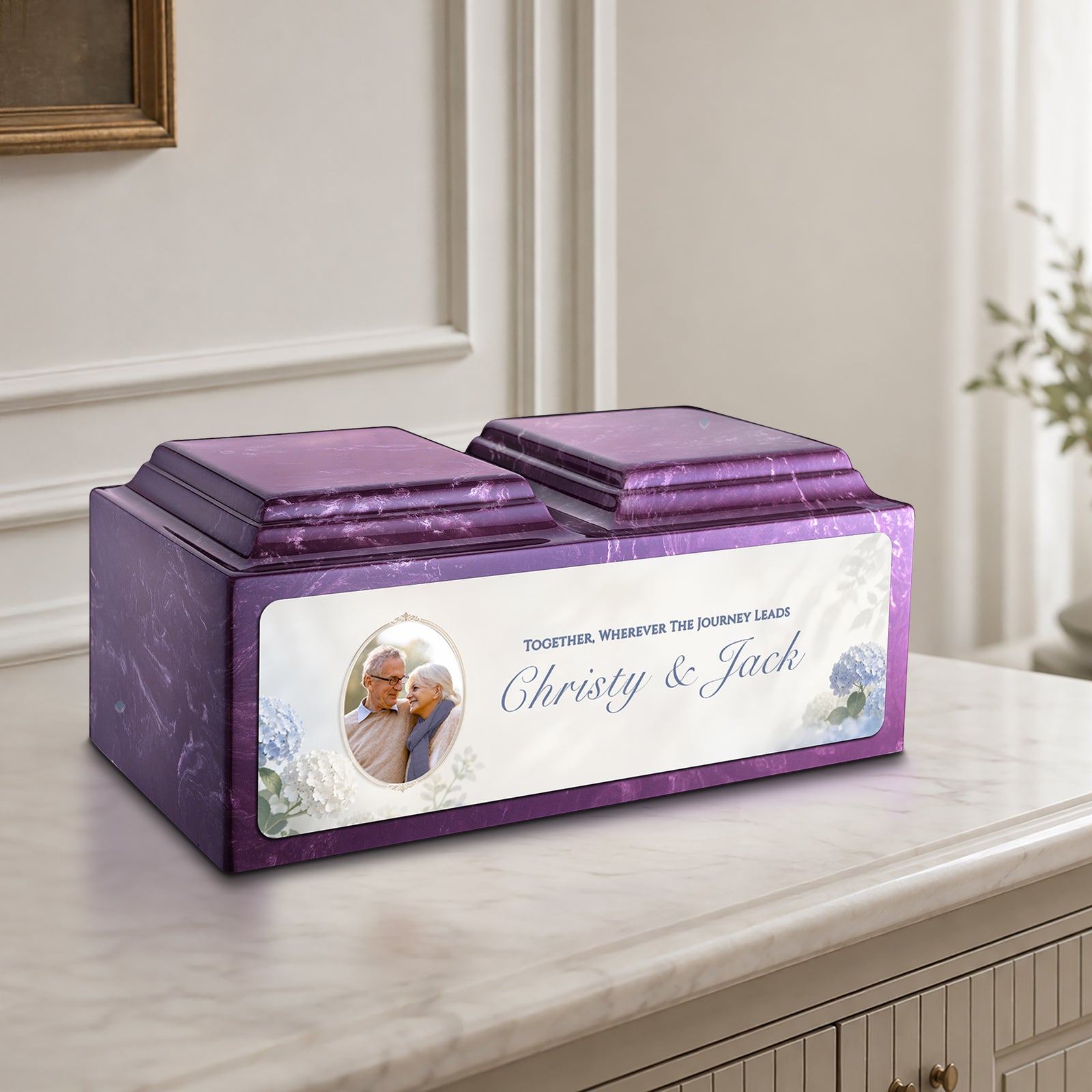 Adult Companion Custom Flower Couple Portrait Amethyst Cultured Marble Urns by MacKenzie
