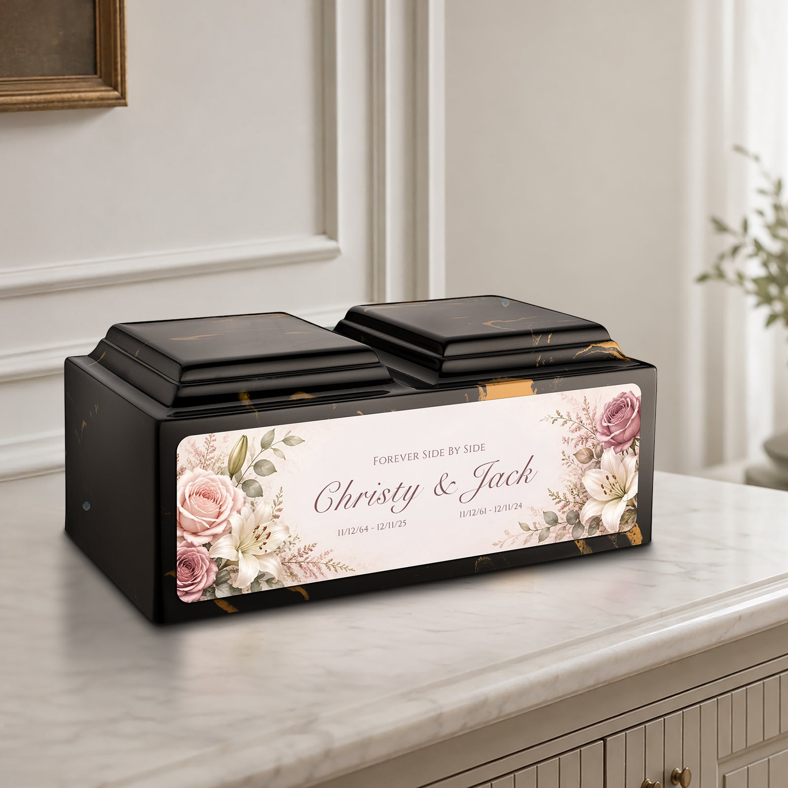 Adult Companion Custom Flower Printed Black & Gold Cultured Marble Urns by MacKenzie