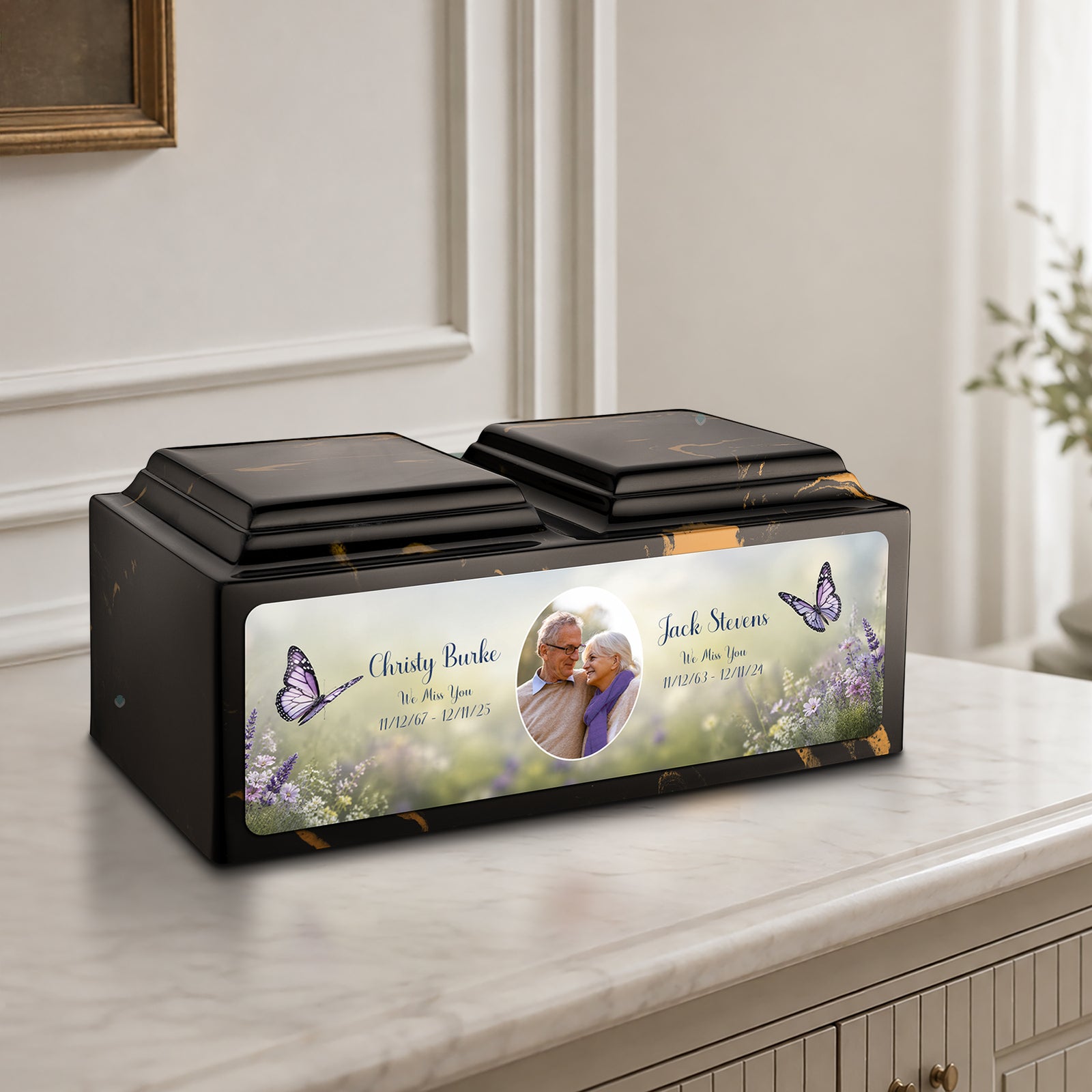 Adult Companion Custom Butterfly Couple Portrait Black & Gold Cultured Marble Urns by MacKenzie
