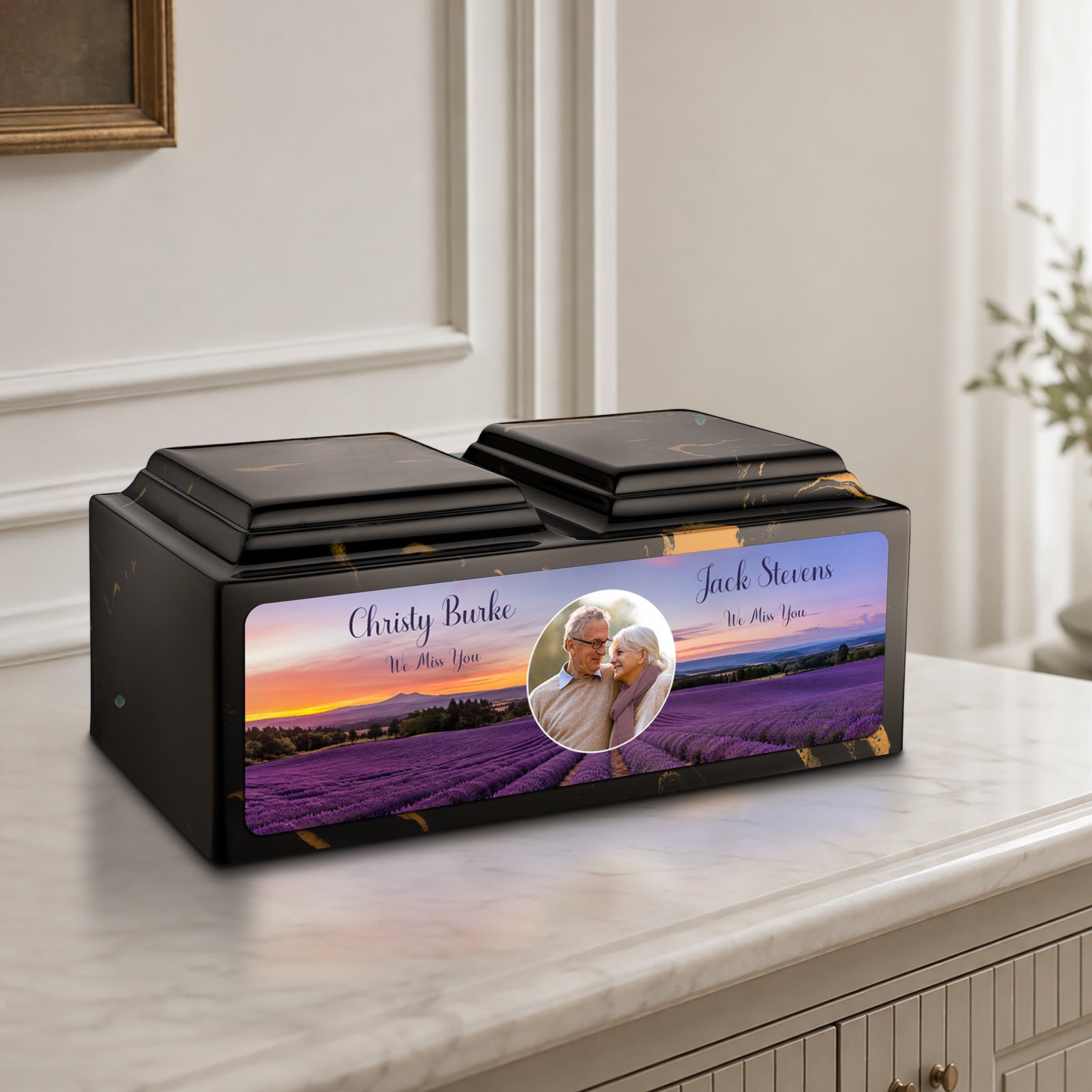 Adult Companion Custom Lavender Couple Portrait Memorial Black & Gold Cultured Marble Urns by MacKenzie