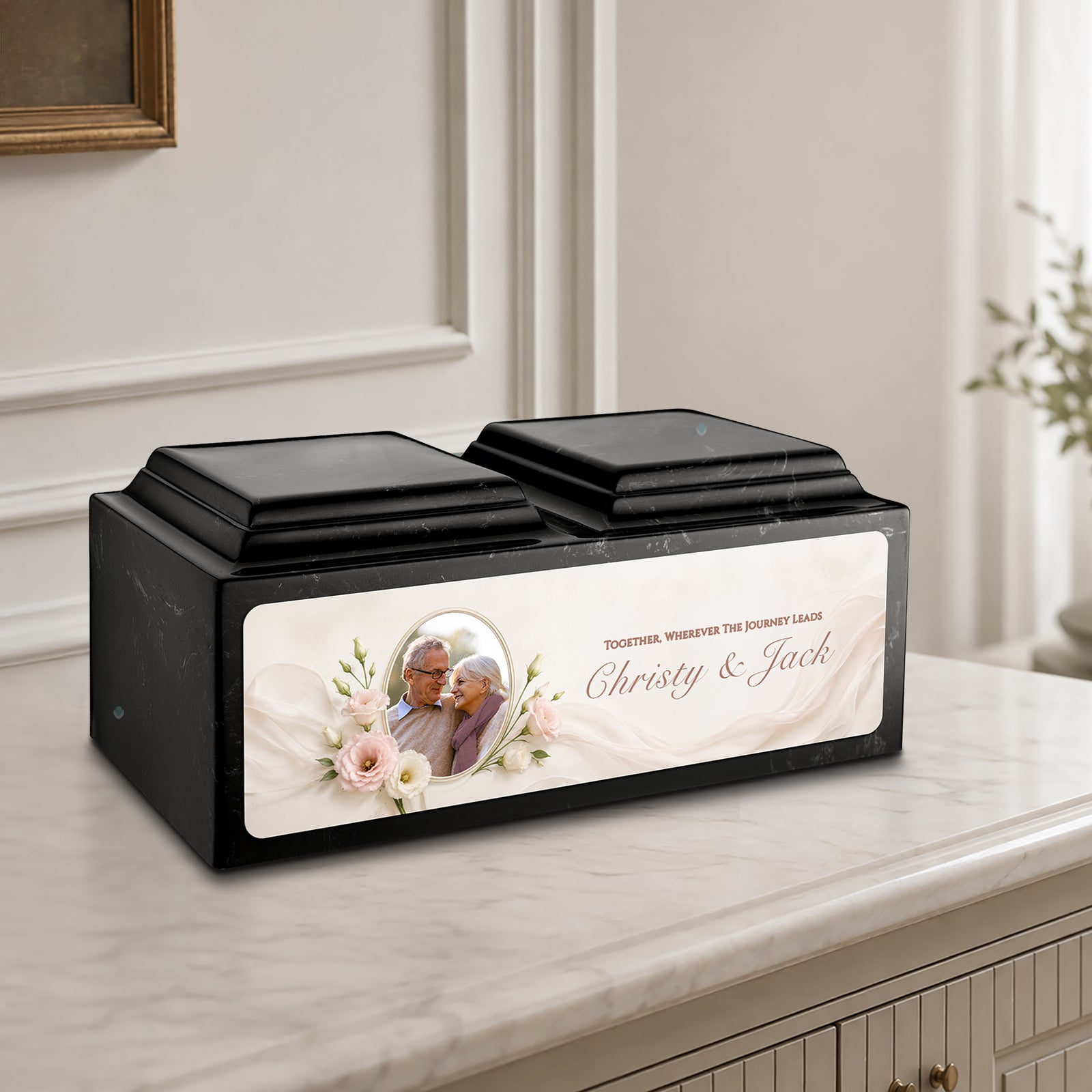 Adult Companion Custom Flower Couple Portrait Memorial Black & White Cultured Marble Urns by MacKenzie