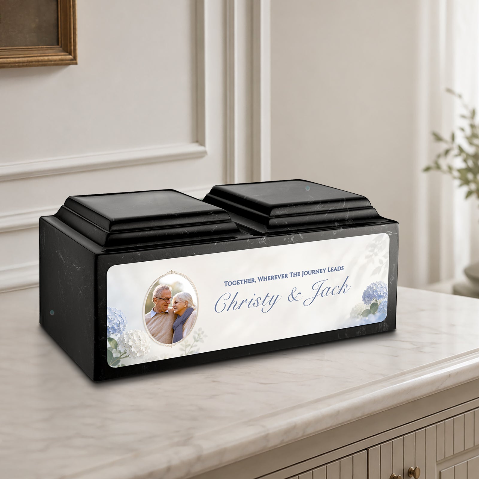 Adult Companion Custom Flower Couple Portrait Black & White Cultured Marble Urns by MacKenzie