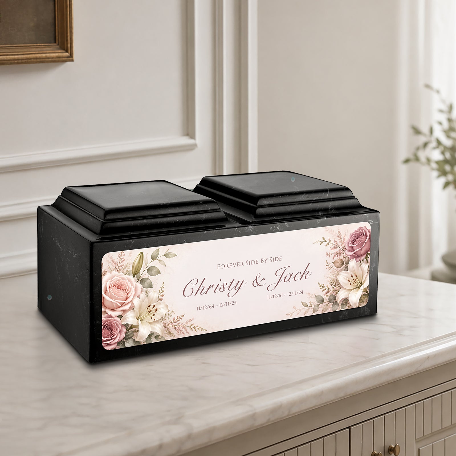 Adult Companion Custom Flower Printed Black & White Cultured Marble Urns by MacKenzie
