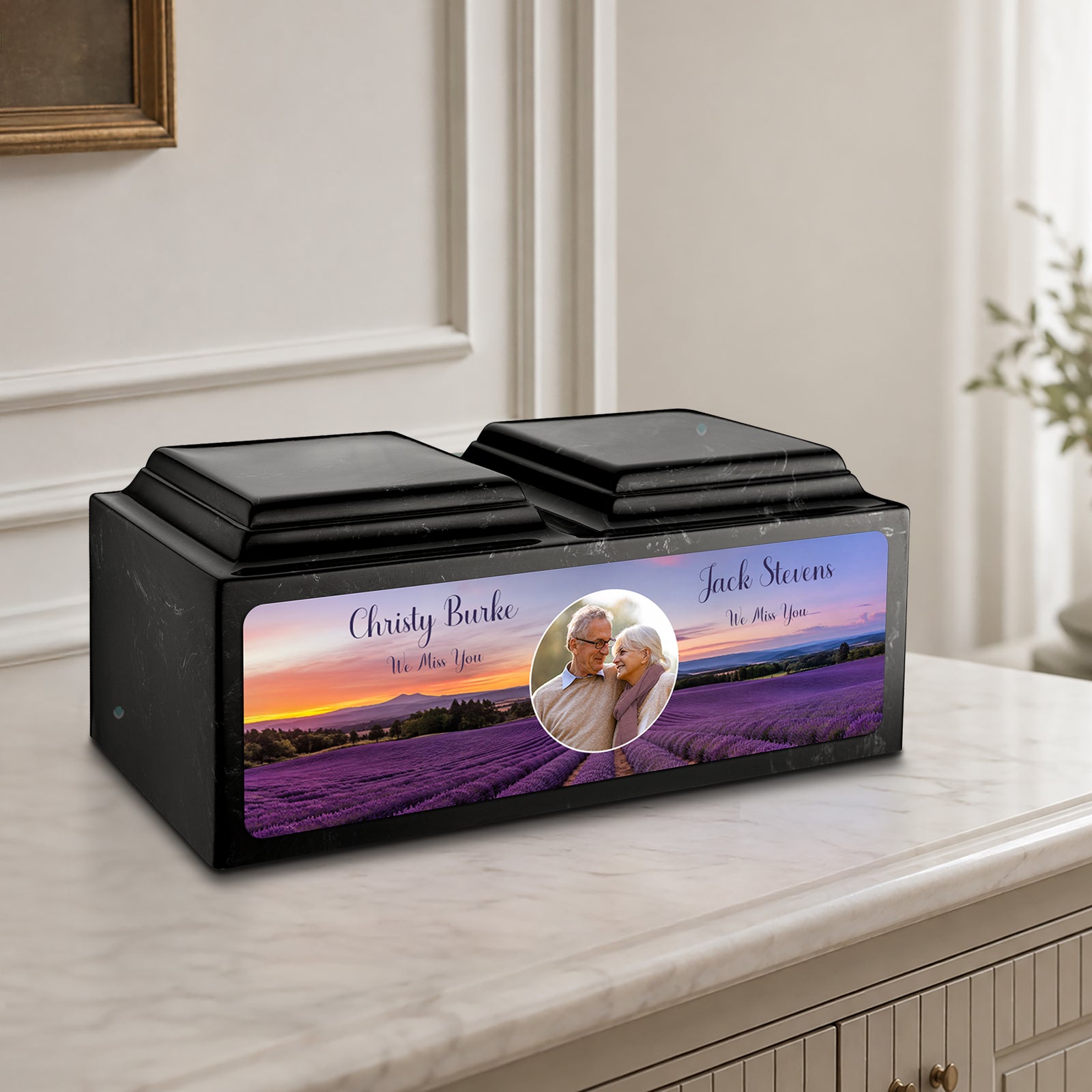 Adult Companion Custom Lavender Couple Portrait Memorial Black & White Cultured Marble Urns by MacKenzie