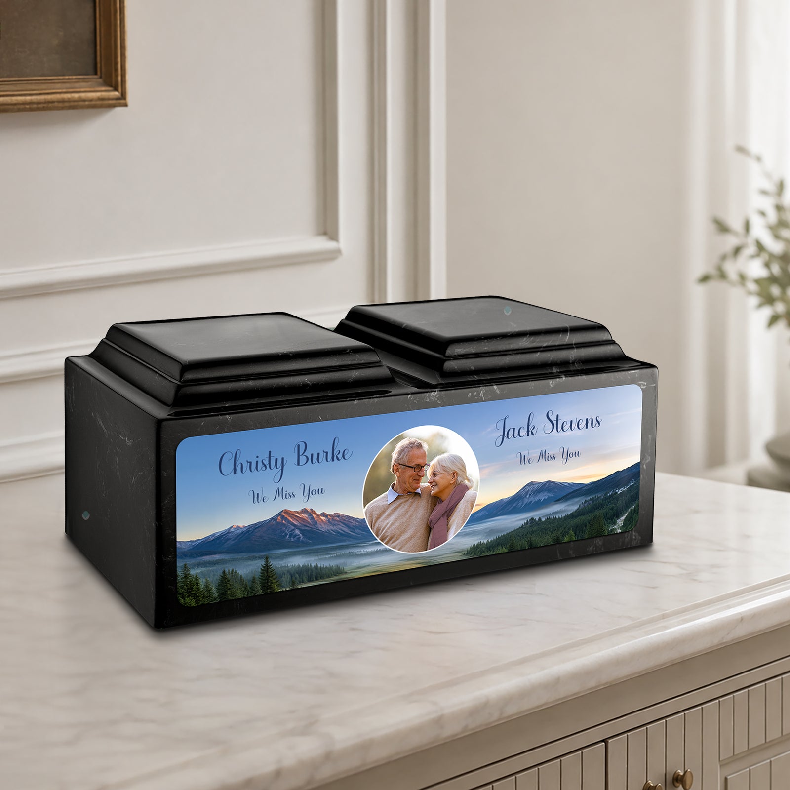 Adult Companion Custom Mountains Couple Portrait Memorial Black & White Cultured Marble Urns by MacKenzie