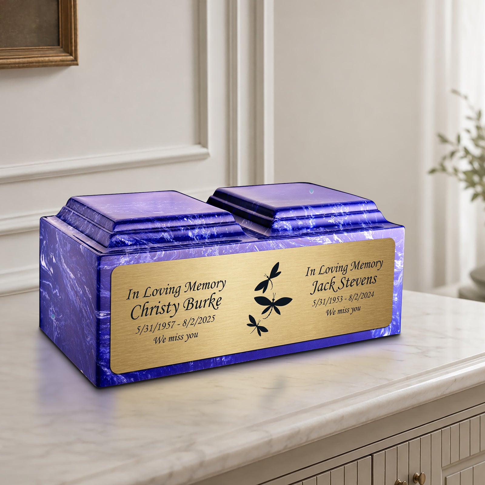 Adult Companion Custom Printed Cobalt Dragonflies Cultured Marble Urns by MacKenzie