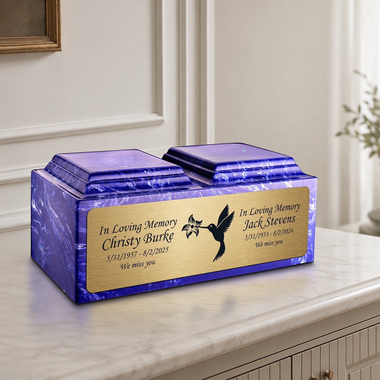 Adult Companion Custom Printed Cobalt Hummingbird Cultured Marble Urns by MacKenzie