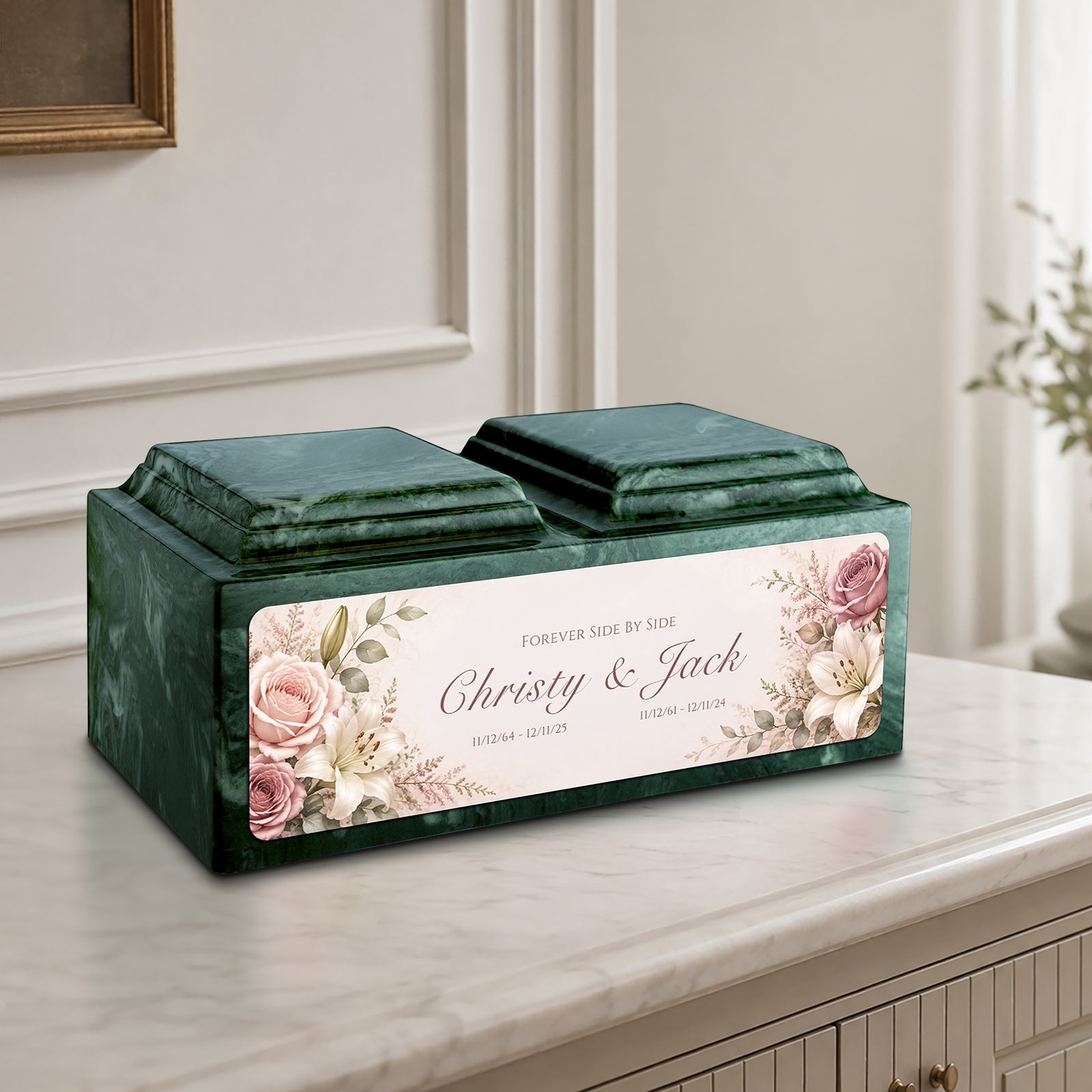 Adult Companion Custom Flower Printed Evergreen Cultured Marble Urns by MacKenzie