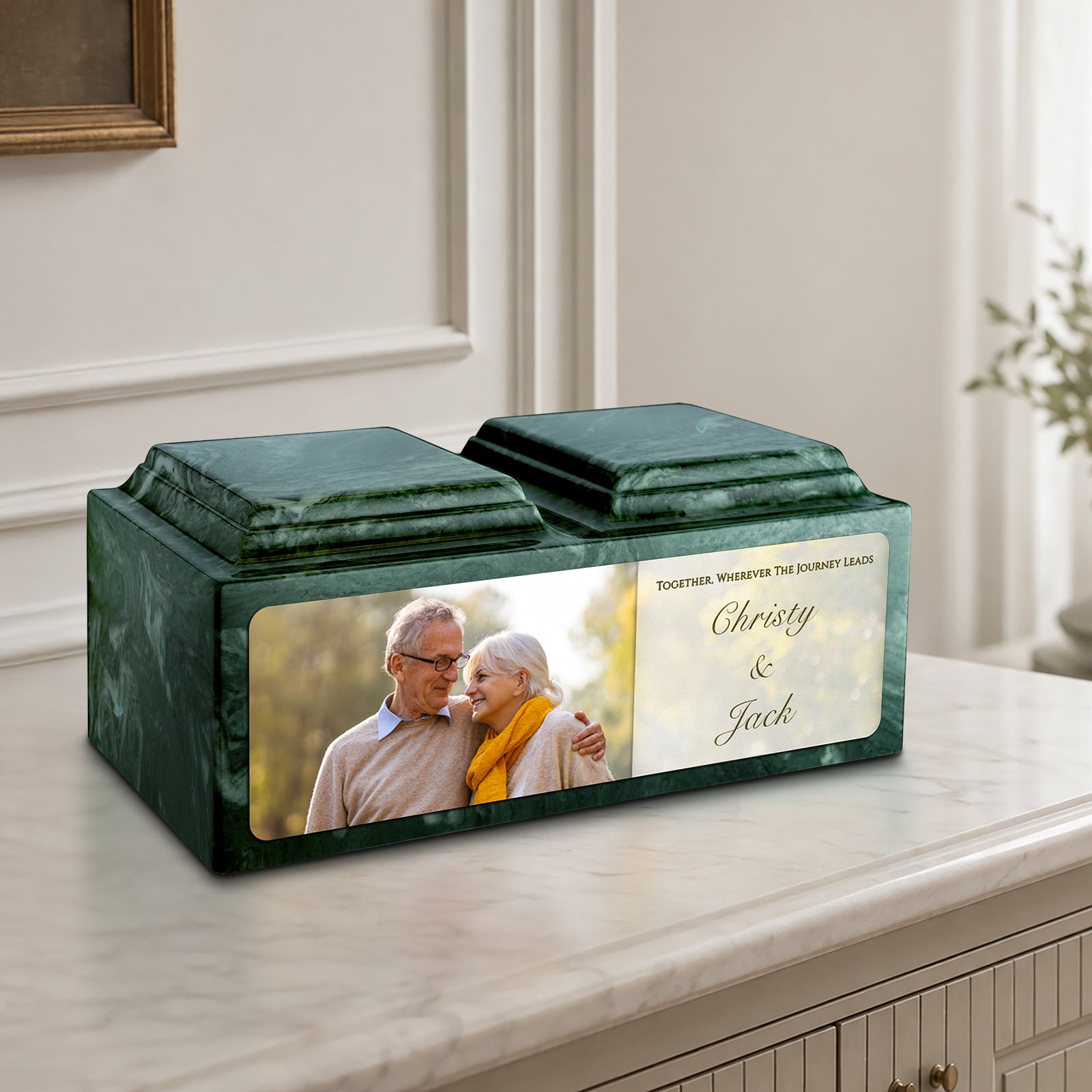 Adult Companion Custom Couple Portrait Evergreen Cultured Marble Urns by MacKenzie