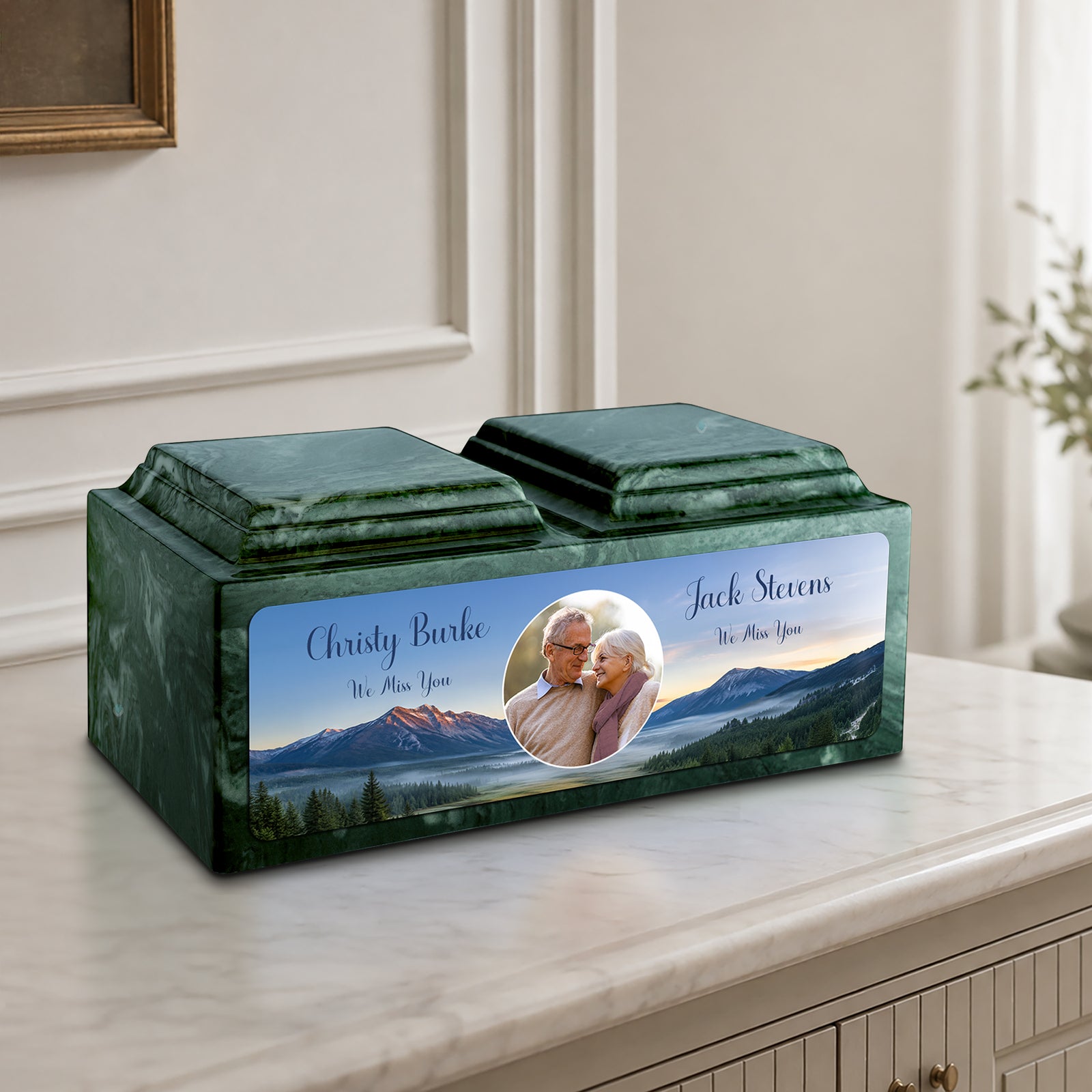 Adult Companion Custom Mountains Couple Portrait Memorial Evergreen Cultured Marble Urns by MacKenzie