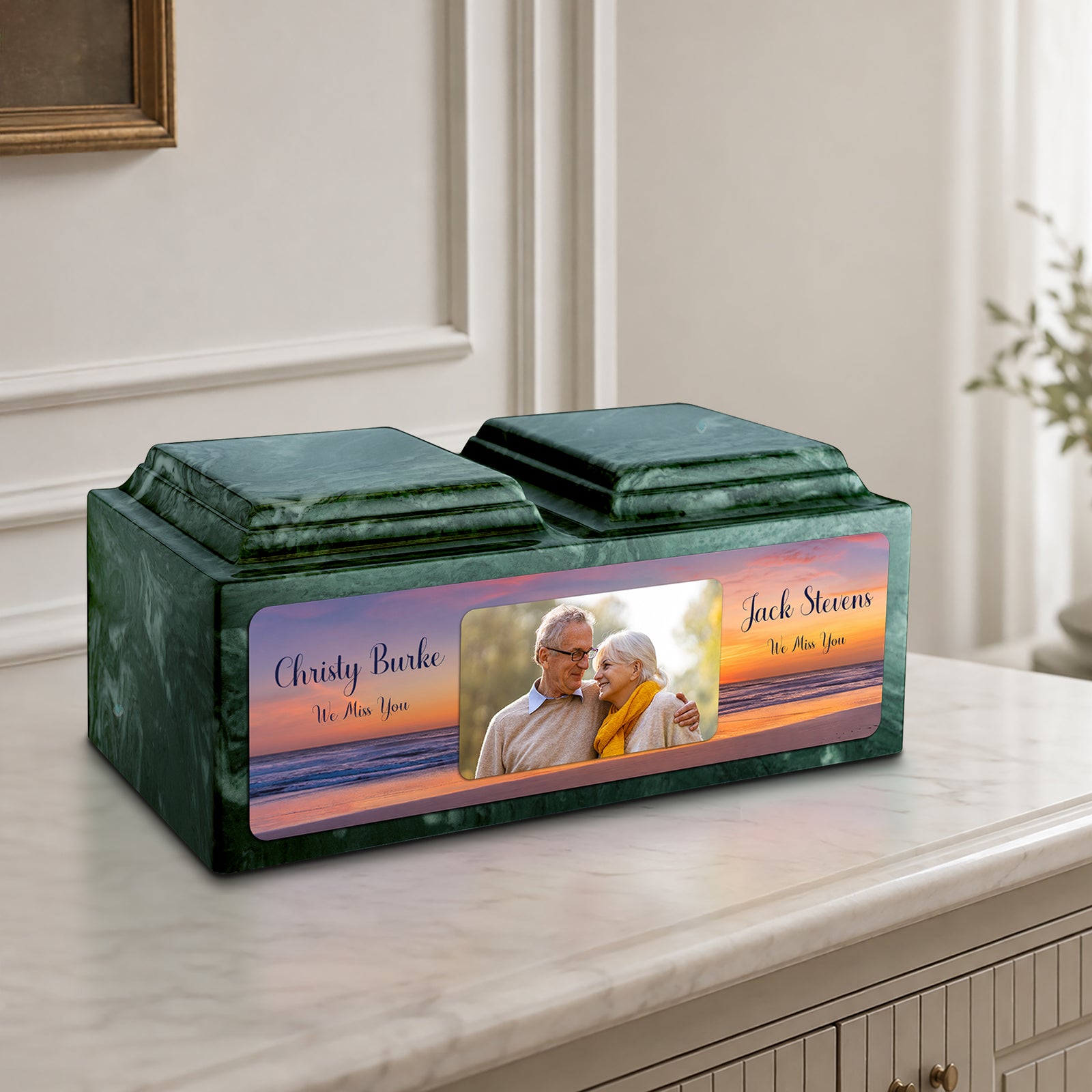 Adult Companion Custom Ocean Sunset Couple Portrait Memorial Evergreen Cultured Marble Urns by MacKenzie