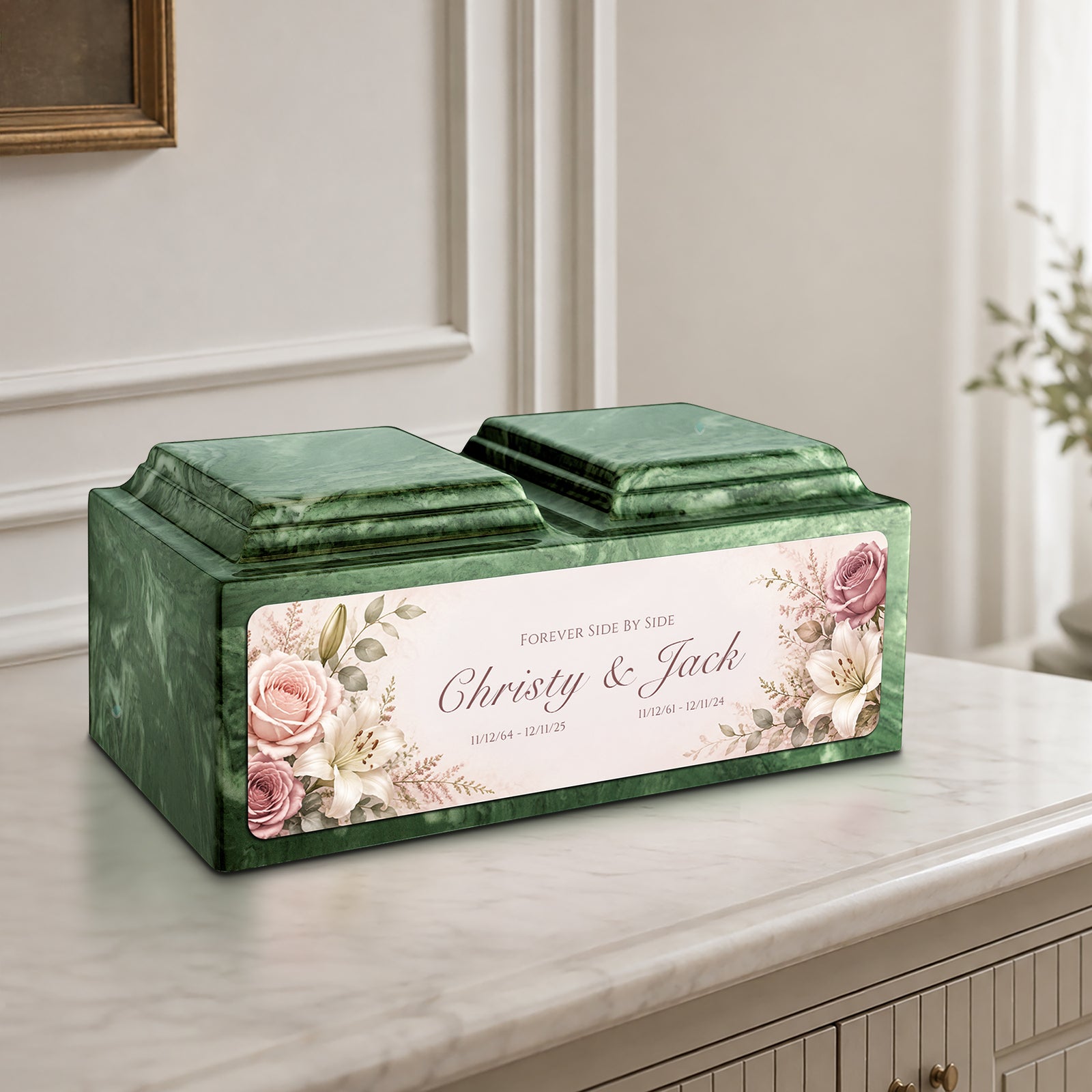 Adult Companion Custom Flower Printed Emerald Cultured Marble Urns by MacKenzie