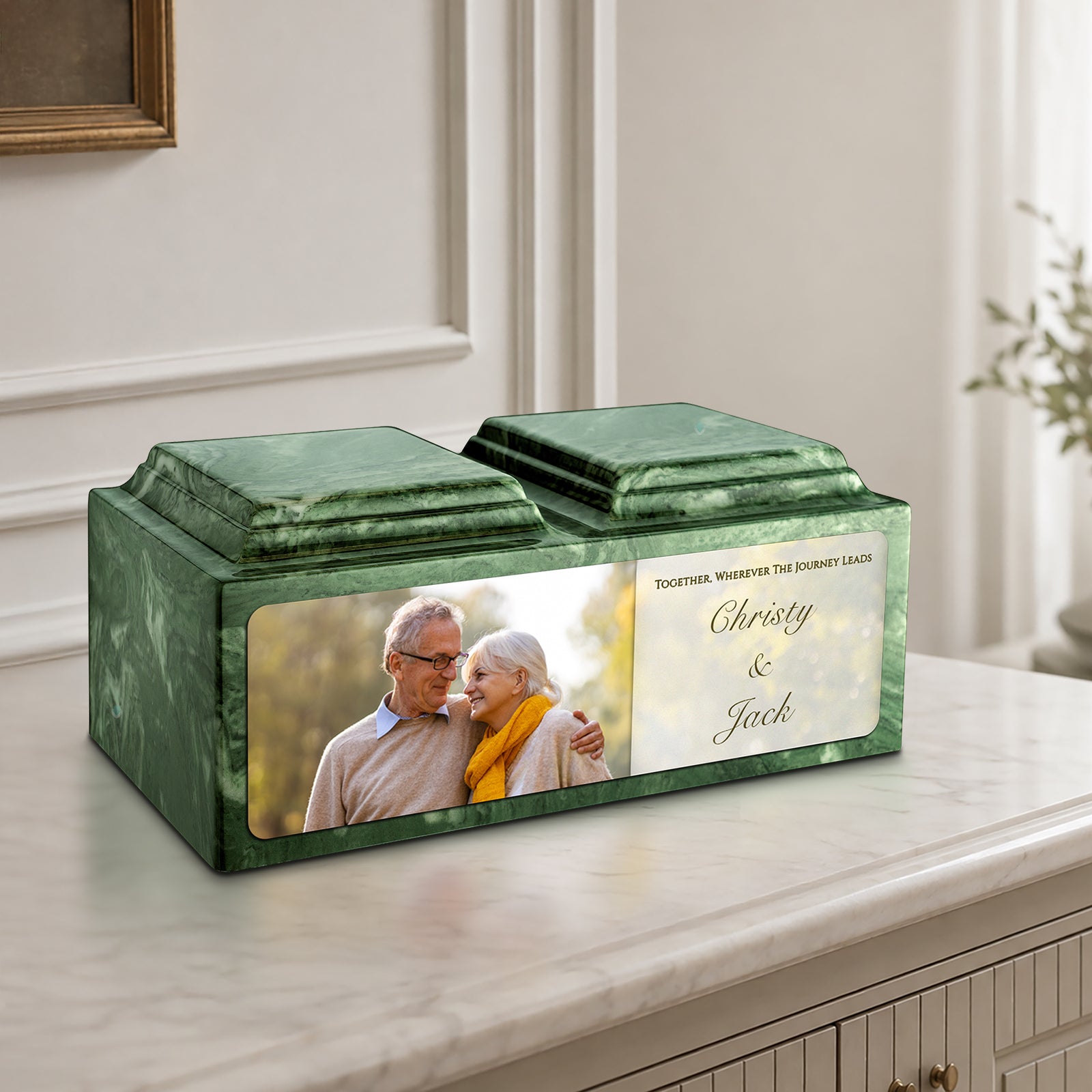 Adult Companion Custom Couple Portrait Emerald Cultured Marble Urns by MacKenzie