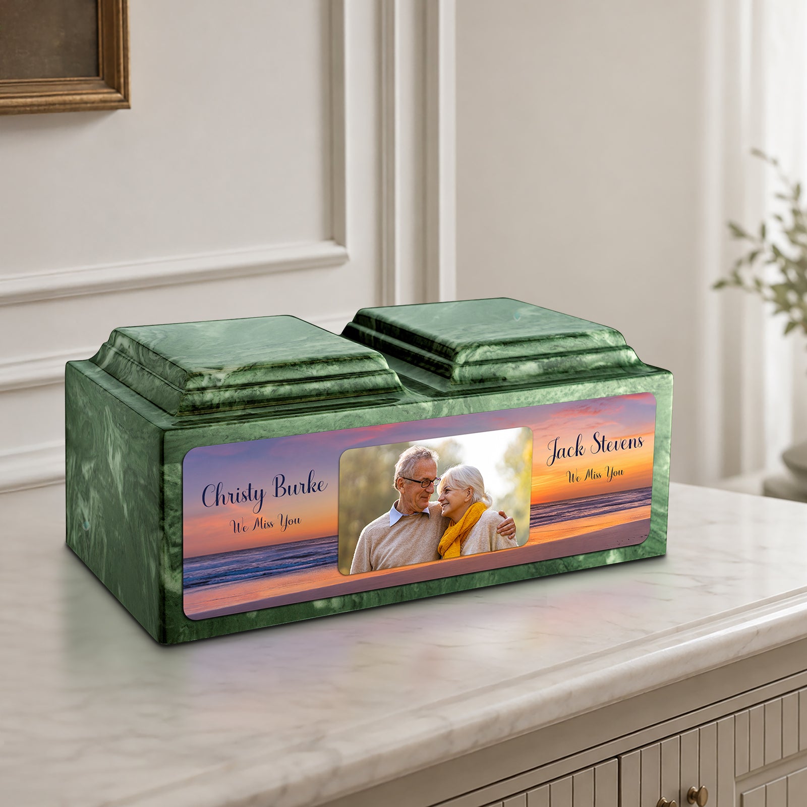 Adult Companion Custom Ocean Sunset Couple Portrait Memorial Emerald Cultured Marble Urns by MacKenzie