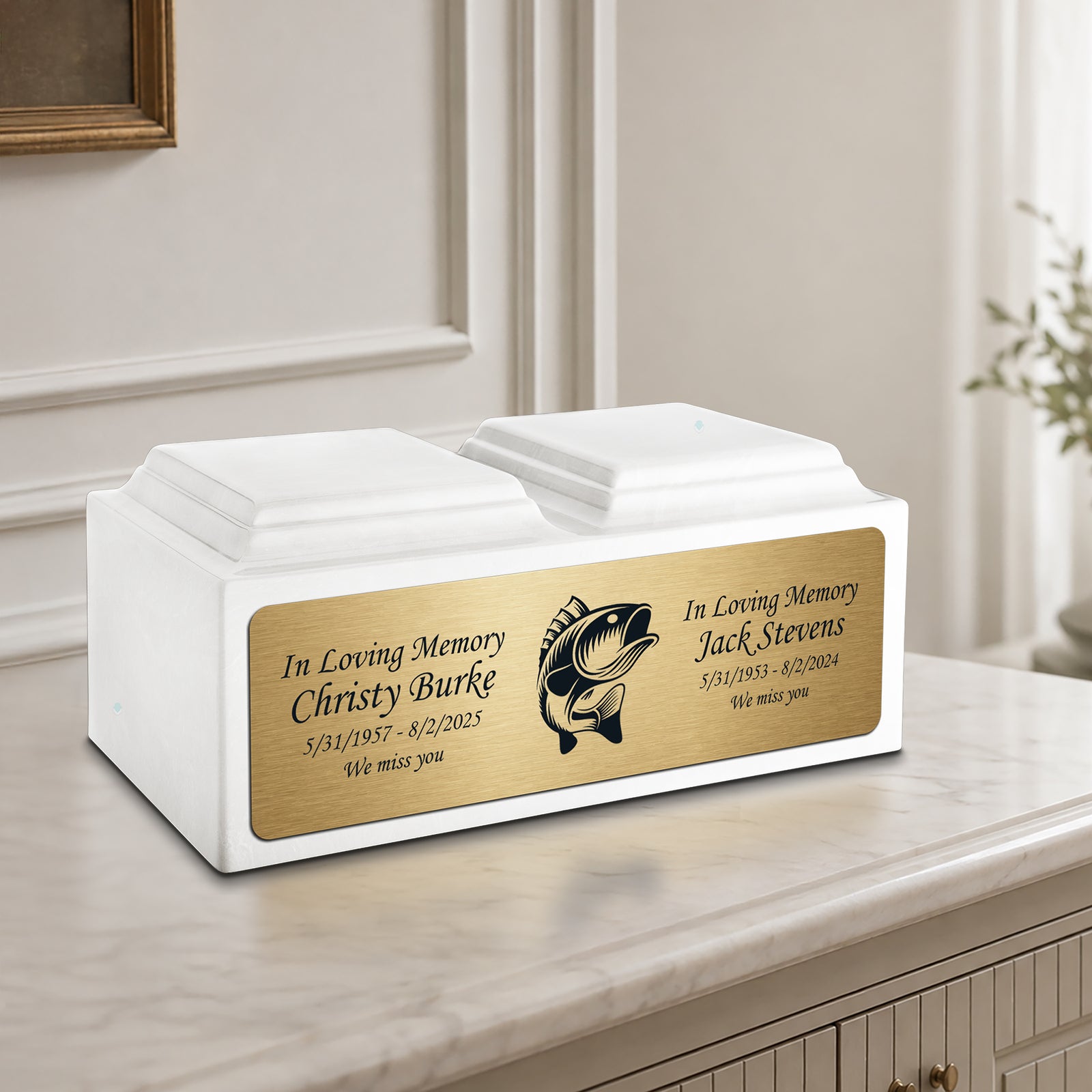 Adult Companion Custom Printed Glacier White Fishing Cultured Marble Urns by MacKenzie