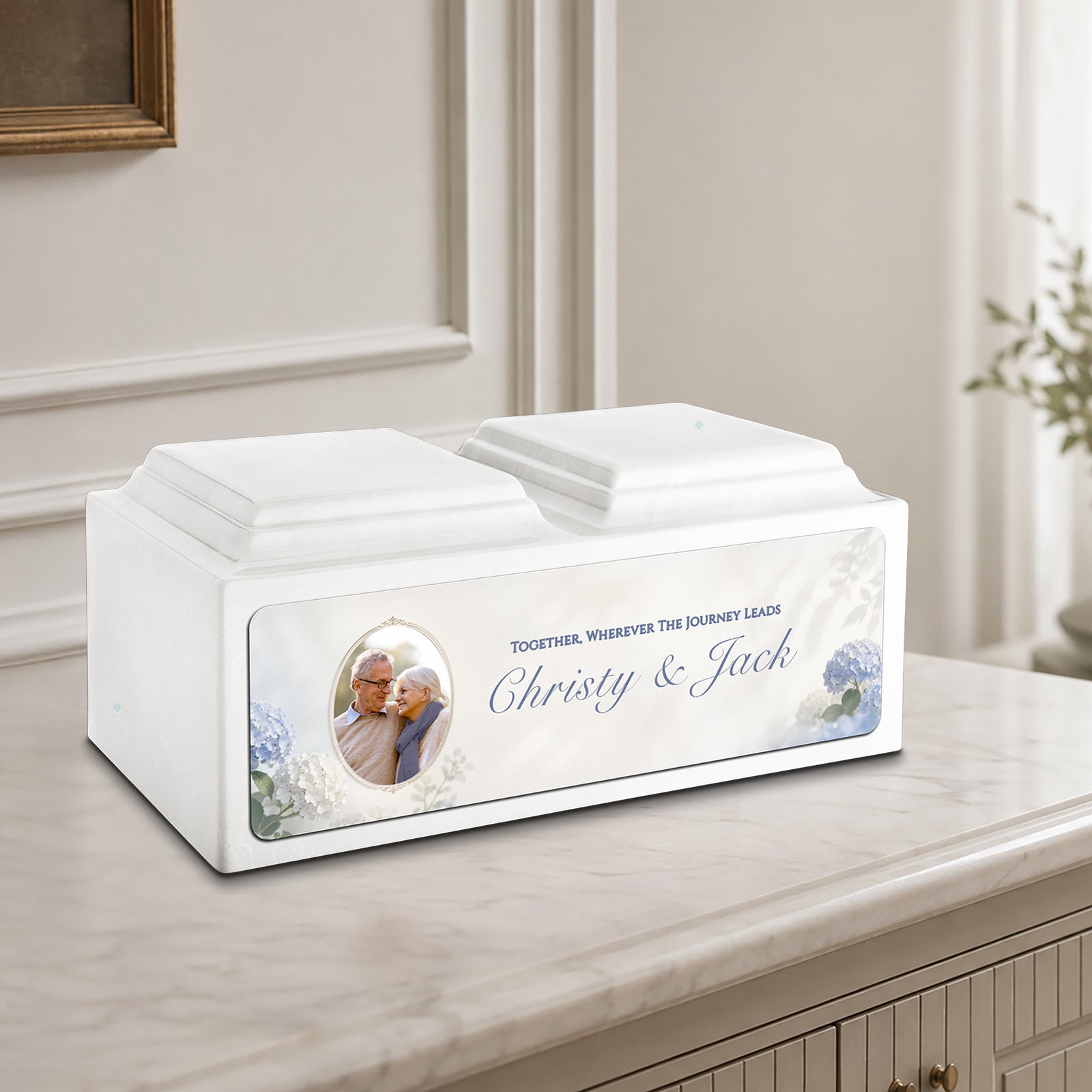 Adult Companion Custom Flower Couple Portrait Glacier White Cultured Marble Urns by MacKenzie