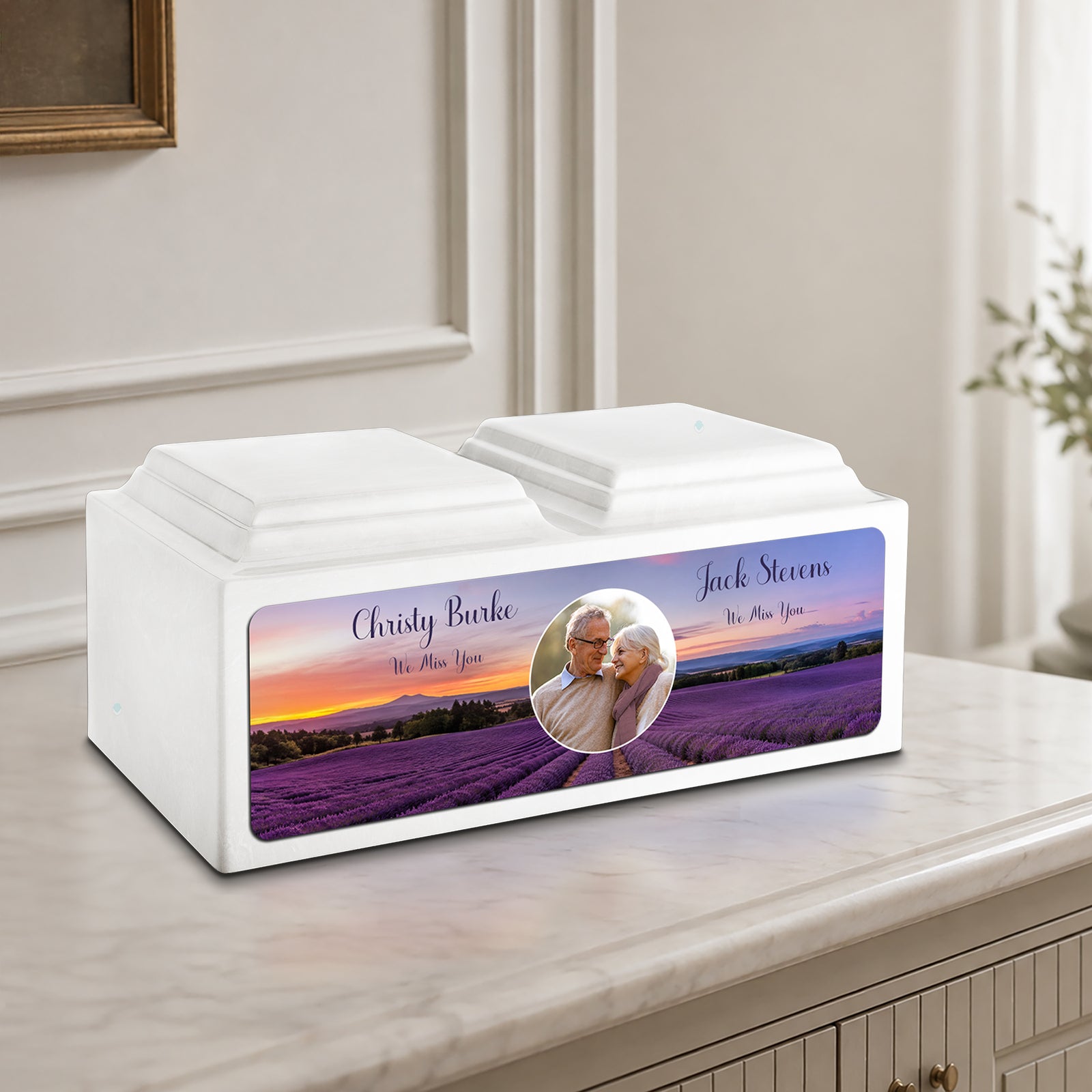 Adult Companion Custom Lavender Couple Portrait Memorial Glacier White Cultured Marble Urns by MacKenzie