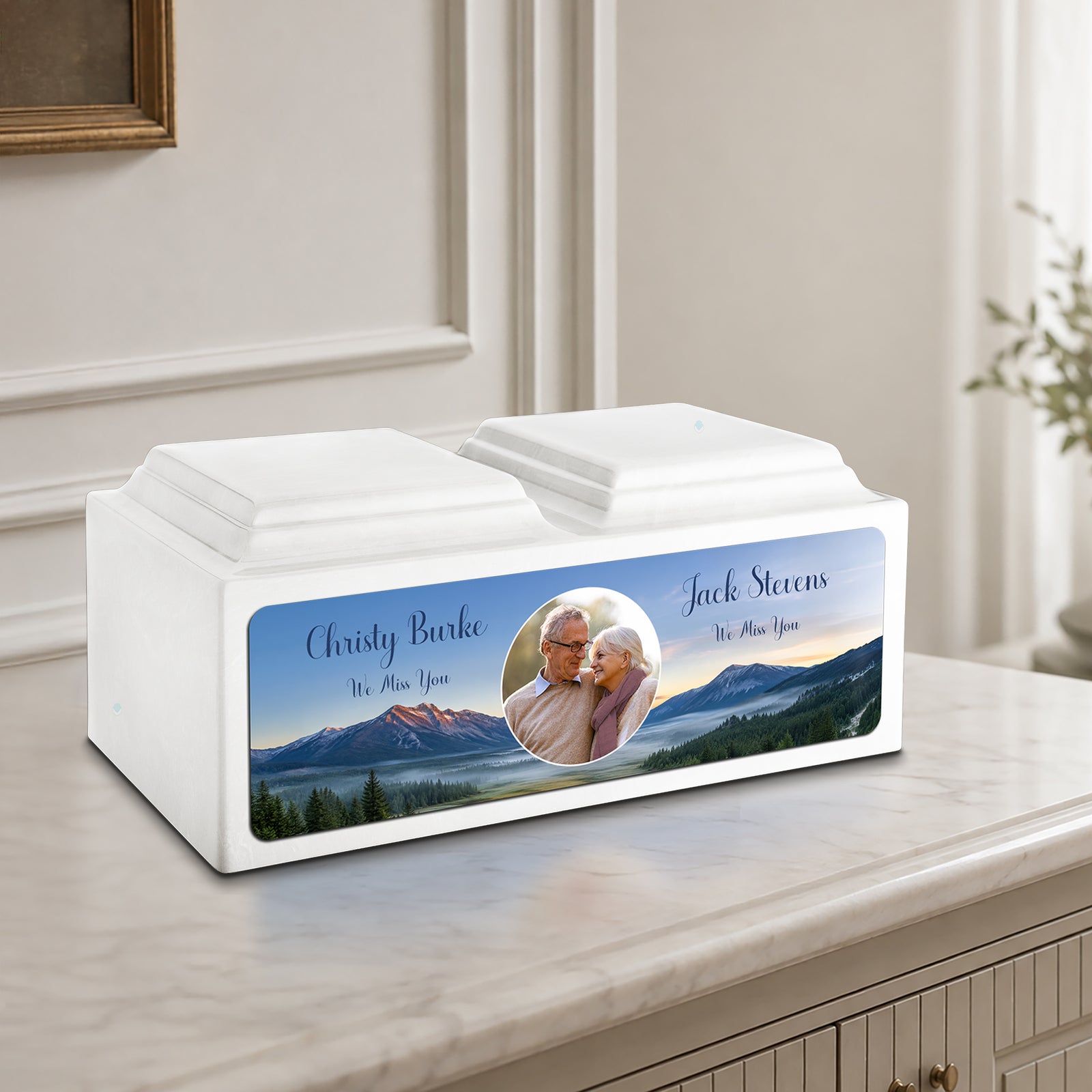 Adult Companion Custom Mountains Couple Portrait Memorial Glacier White Cultured Marble Urns by MacKenzie