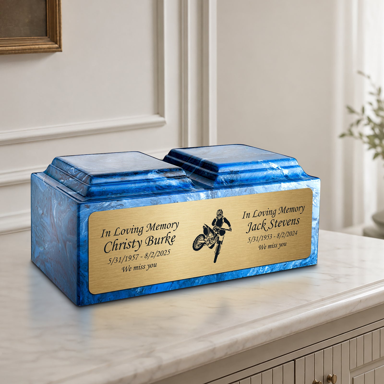 Adult Companion Custom Printed Mystic Blue Dirt Bike Cultured Marble Urns by MacKenzie