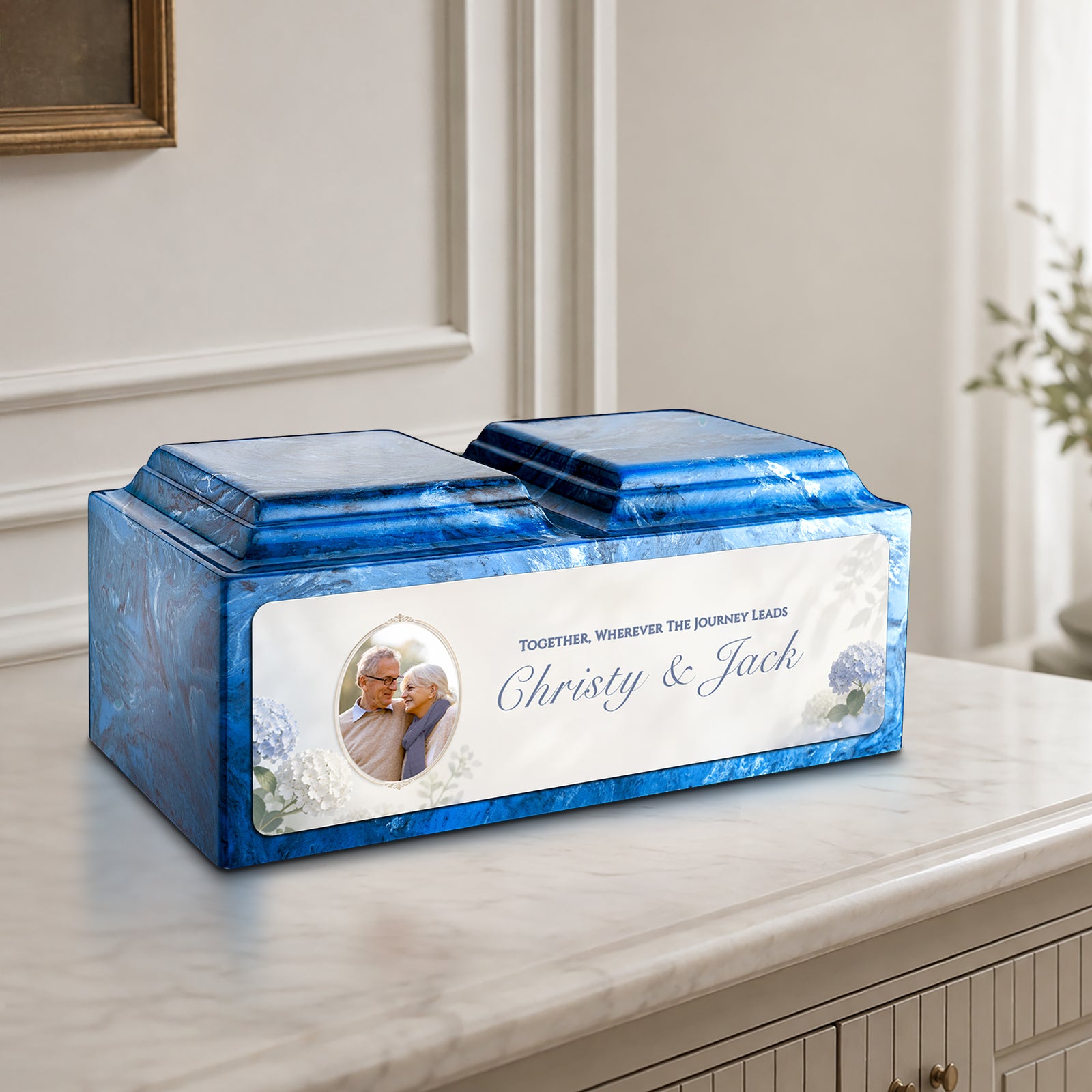 Adult Companion Custom Flower Couple Portrait Mystic Blue Cultured Marble Urns by MacKenzie