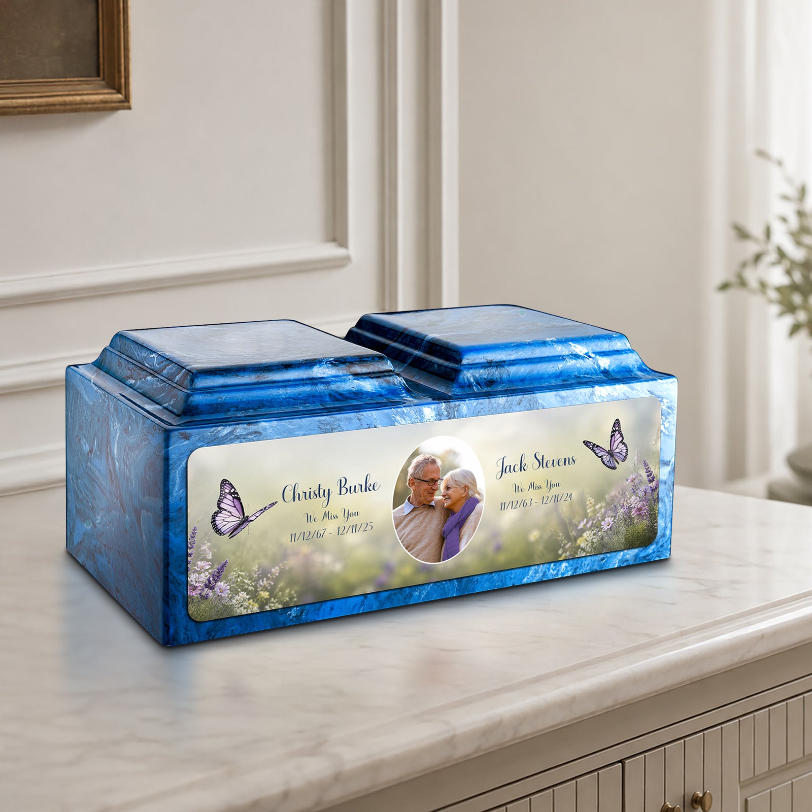 Adult Companion Custom Butterfly Couple Portrait Mystic Blue Cultured Marble Urns by MacKenzie