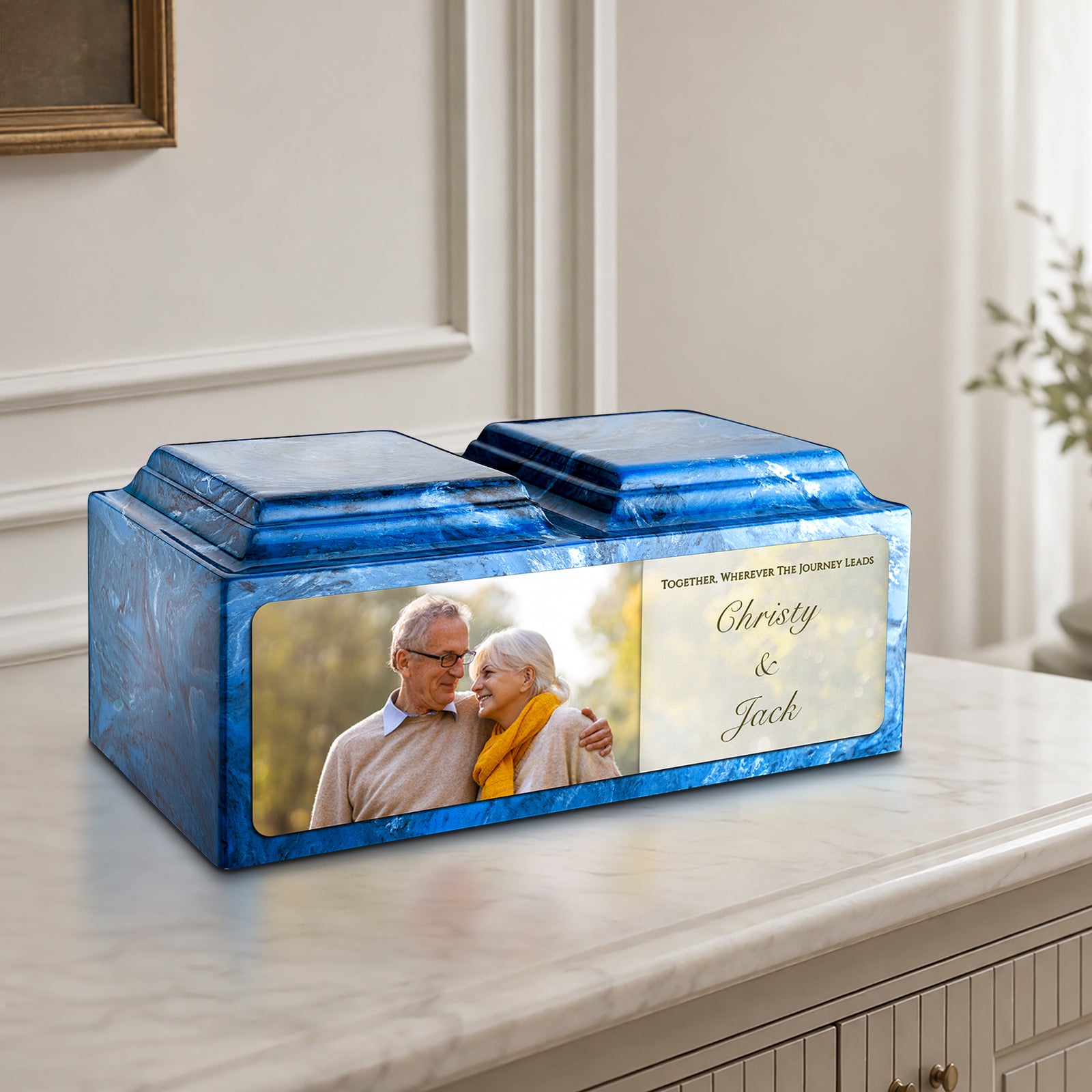 Adult Companion Custom Couple Portrait Mystic Blue Cultured Marble Urns by MacKenzie