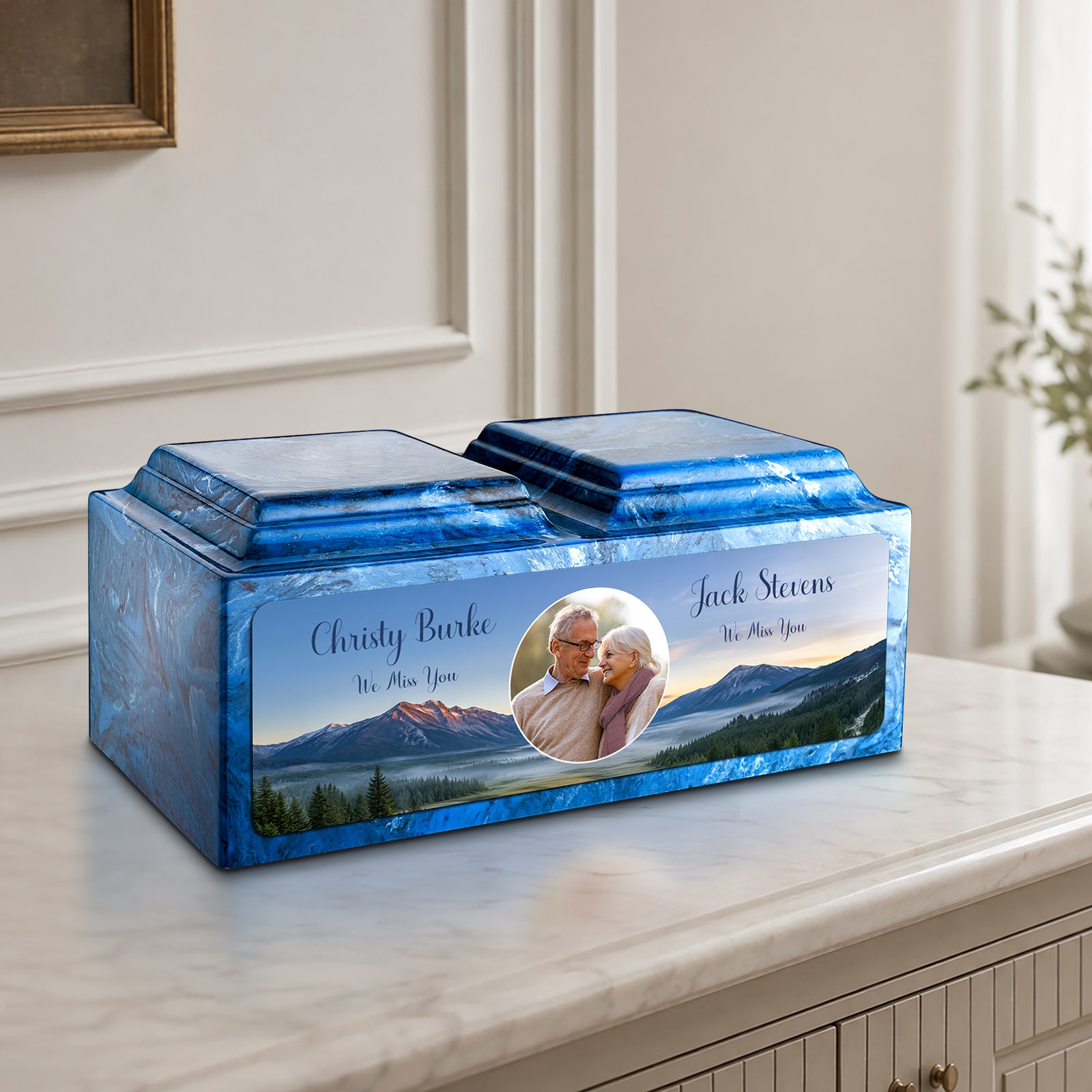Adult Companion Custom Mountains Couple Portrait Memorial Mystic Blue Cultured Marble Urns by MacKenzie