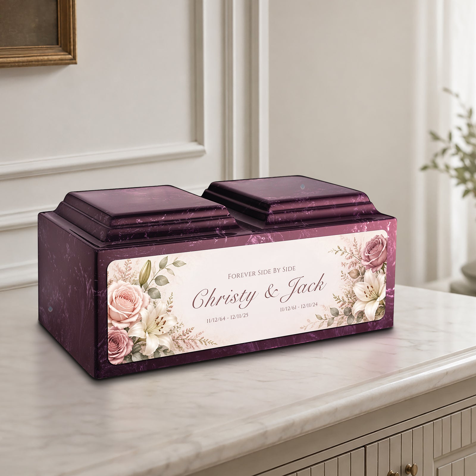 Adult Companion Custom Flower Printed Merlot Cultured Marble Urns by MacKenzie