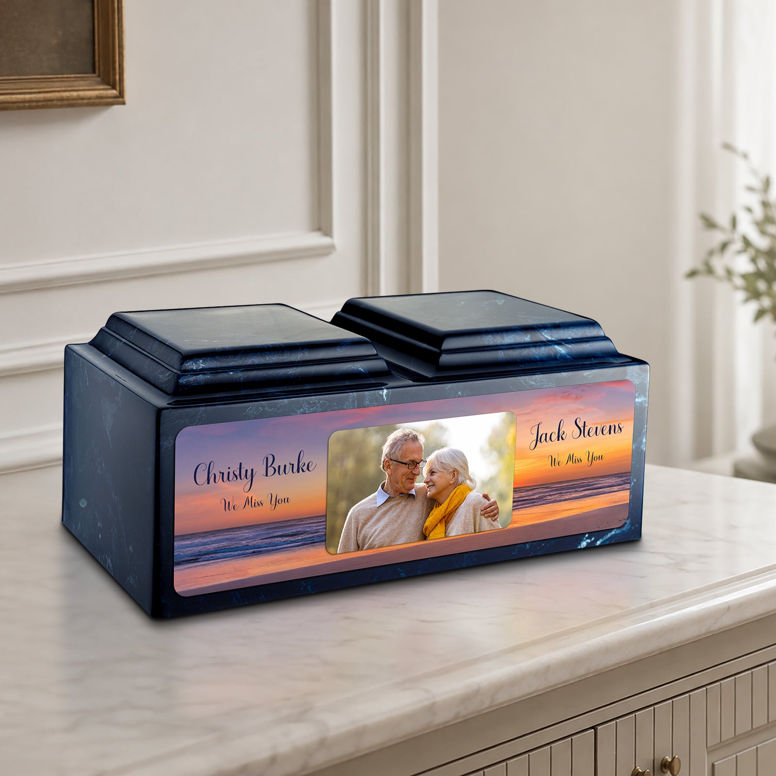 Adult Companion Custom Ocean Sunset Couple Portrait Memorial Navy Cultured Marble Urns by MacKenzie