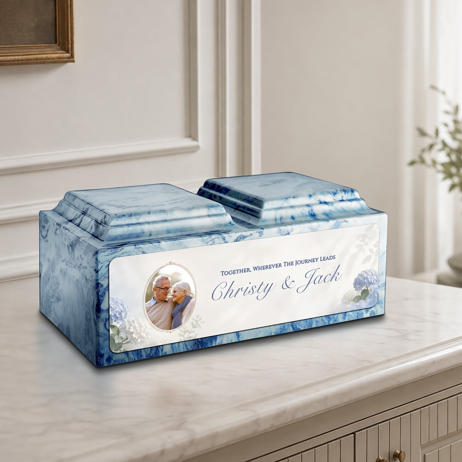 Adult Companion Custom Flower Couple Portrait Sky Blue Cultured Marble Urns by MacKenzie