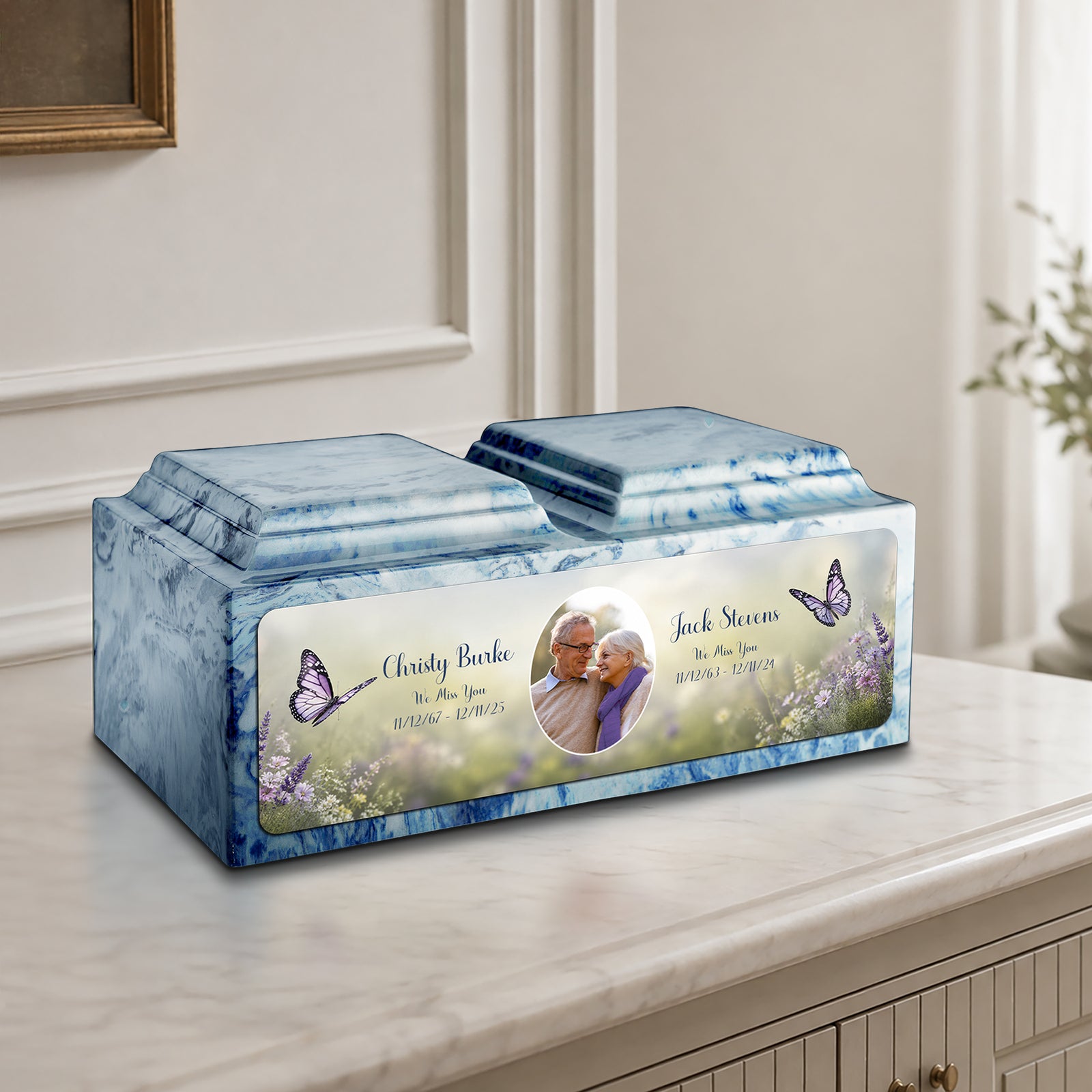 Adult Companion Custom Butterfly Couple Portrait Sky Blue Cultured Marble Urns by MacKenzie
