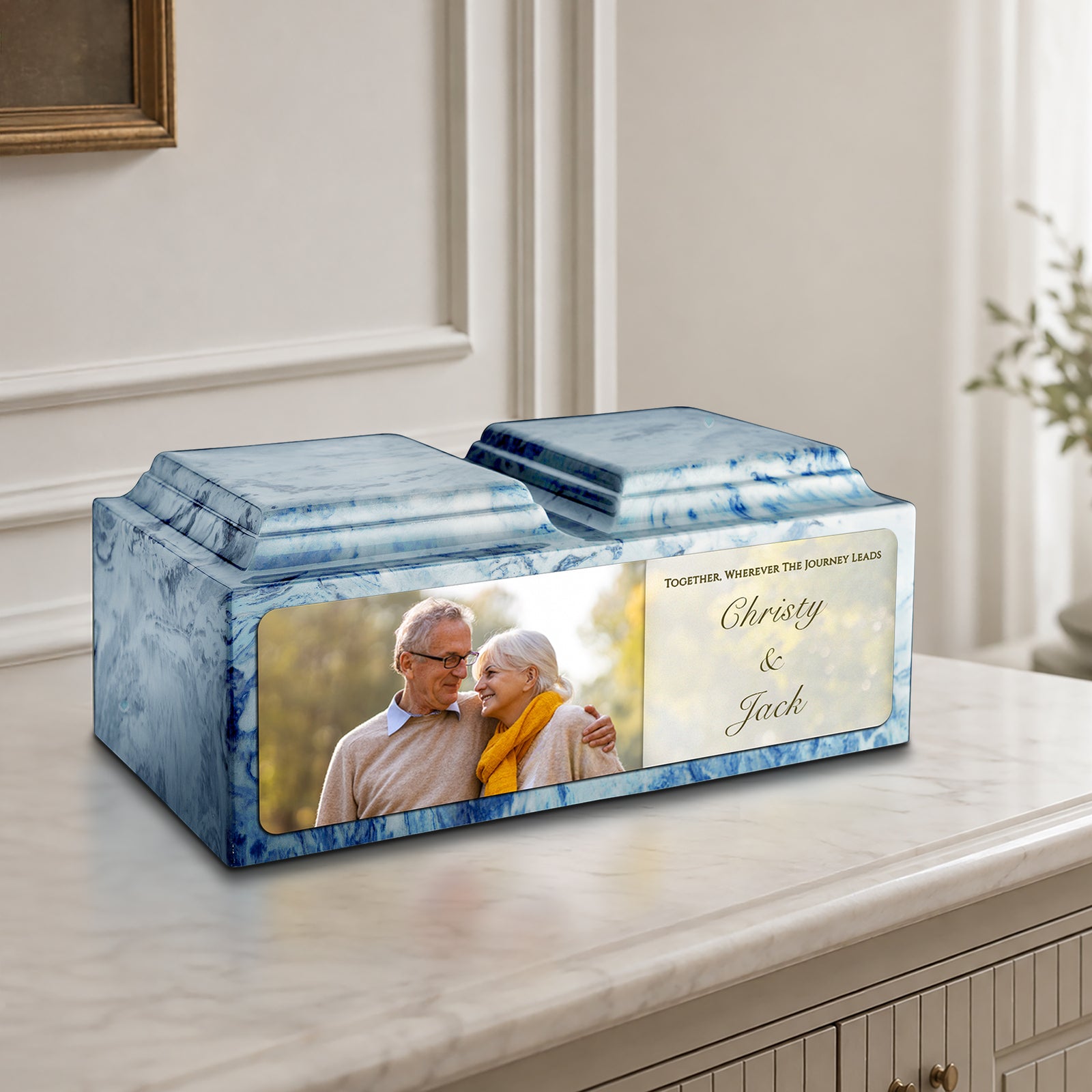 Adult Companion Custom Couple Portrait Sky Blue Cultured Marble Urns by MacKenzie