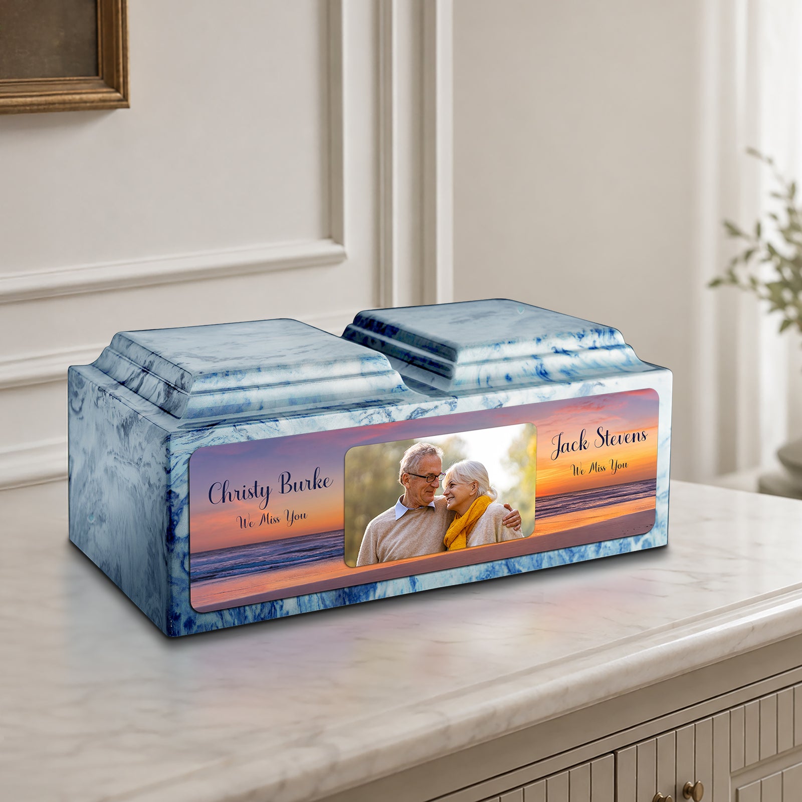 Adult Companion Custom Ocean Sunset Couple Portrait Memorial Sky Blue Cultured Marble Urns by MacKenzie
