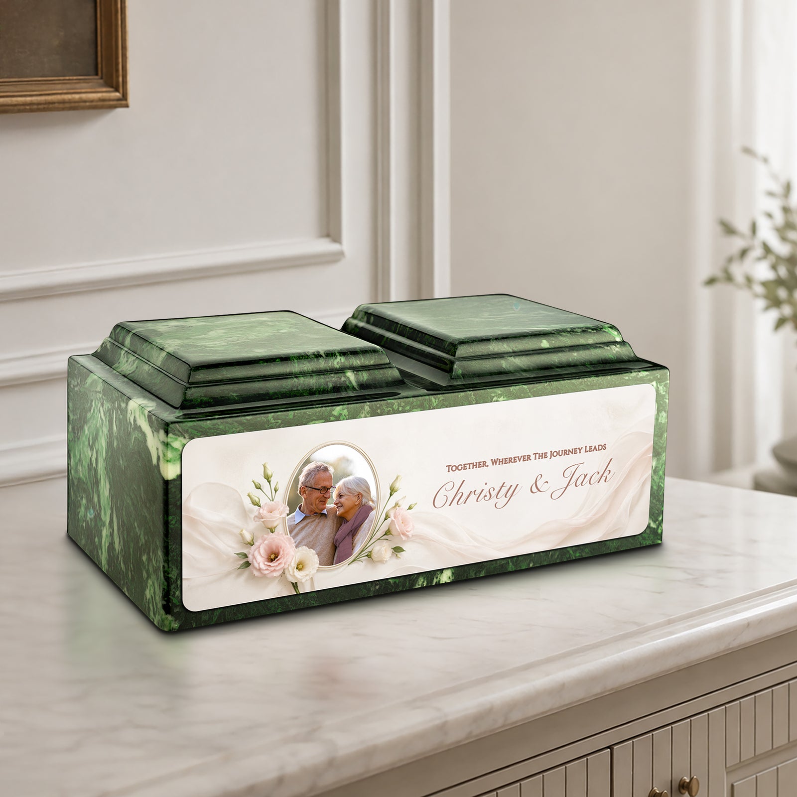 Adult Companion Custom Flower Couple Portrait Memorial Verde Cultured Marble Urns by MacKenzie
