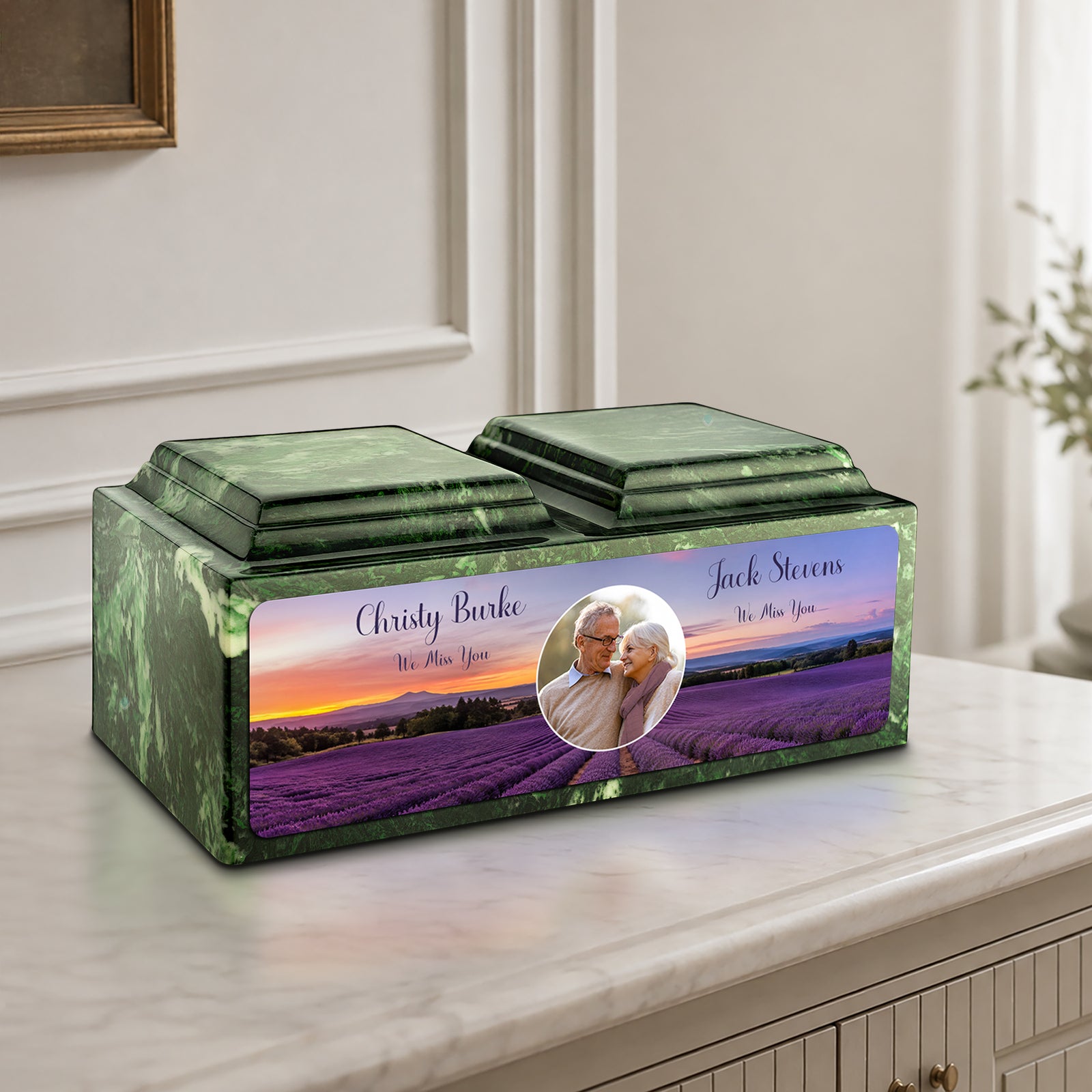 Adult Companion Custom Lavender Couple Portrait Memorial Verde Cultured Marble Urns by MacKenzie