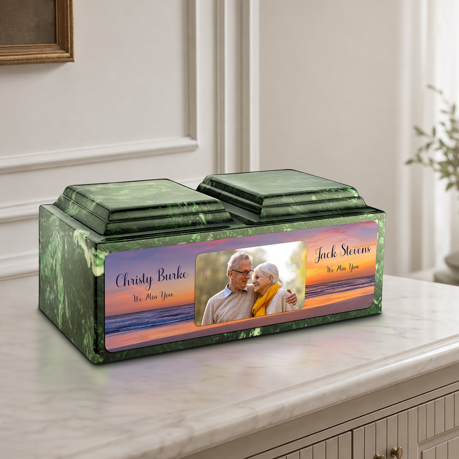 Adult Companion Custom Ocean Sunset Couple Portrait Memorial Verde Cultured Marble Urns by MacKenzie
