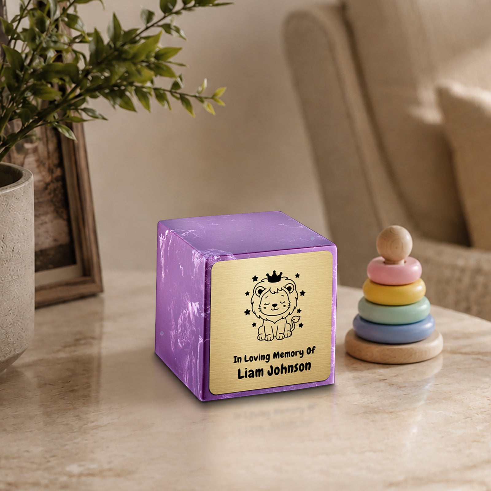Small Cube Baby Lion Amethyst Cultured Marble Child Cremation Urn by MacKenzie