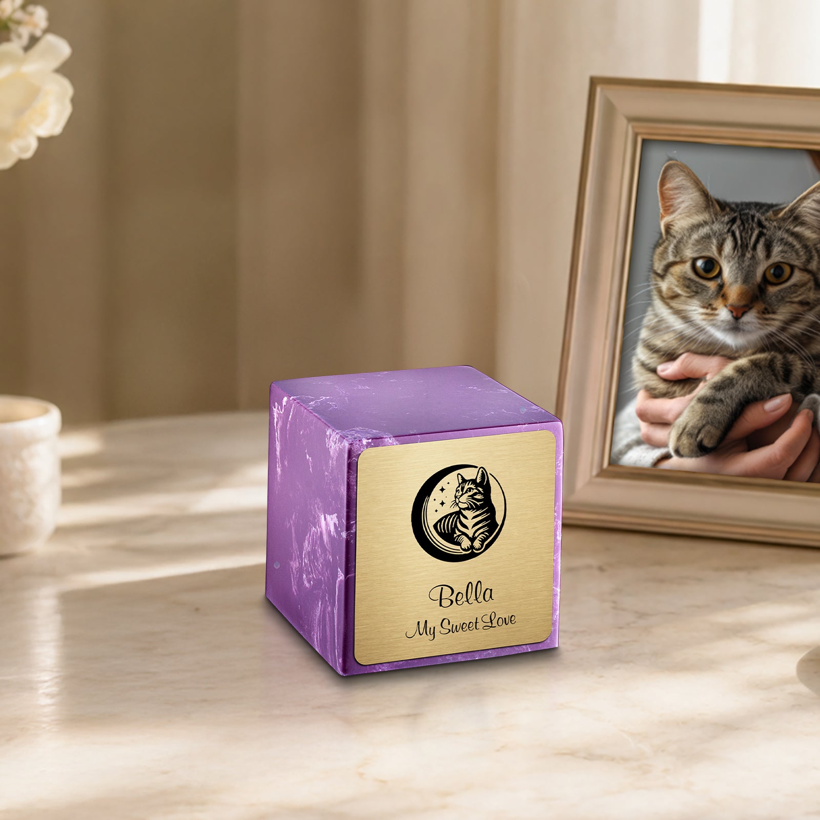 Small Cube Cat Amethyst Cultured Marble Pet Cremation Urn by MacKenzie