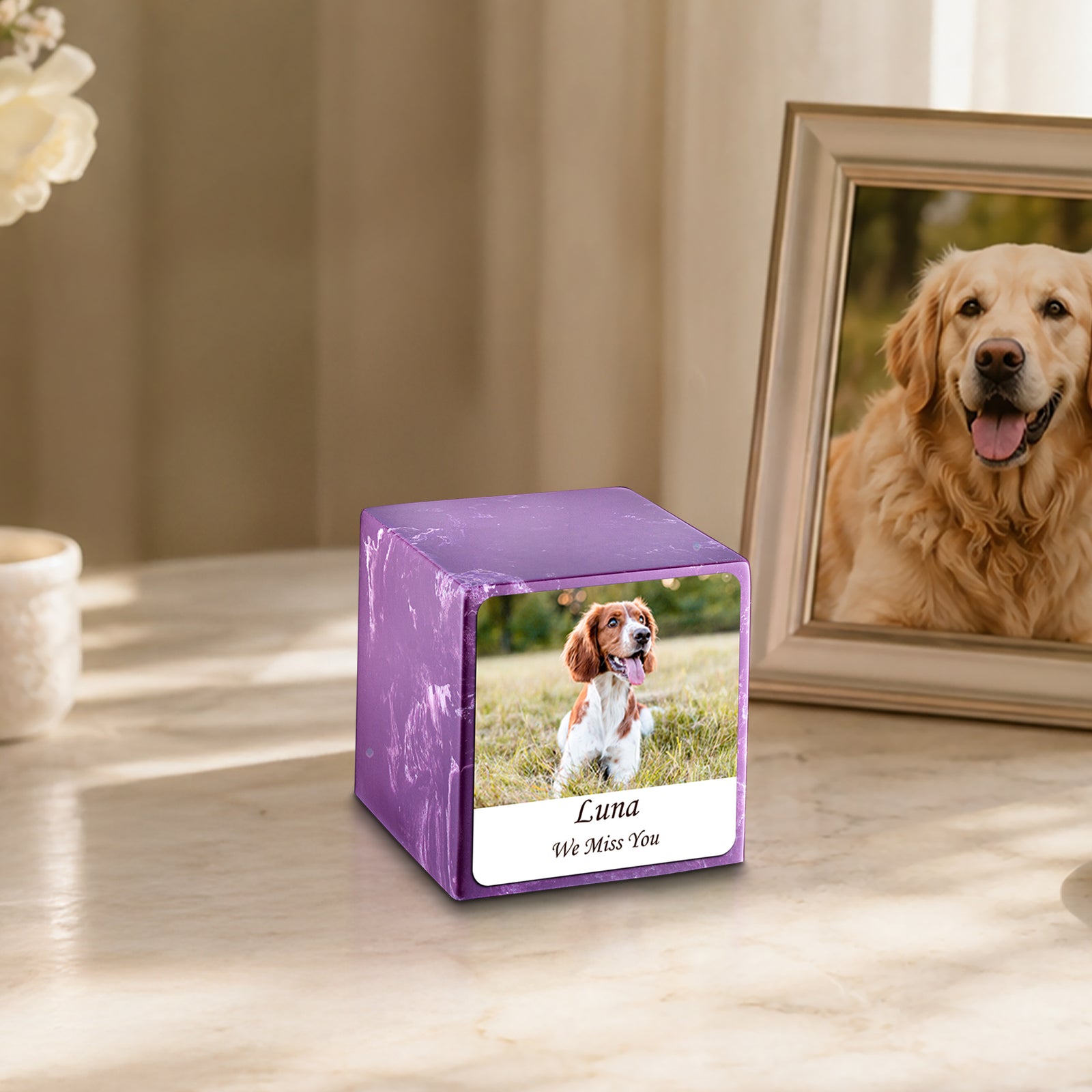 Small Cube Custom Pet Photo Amethyst Cultured Marble Pet Cremation Urn by MacKenzie