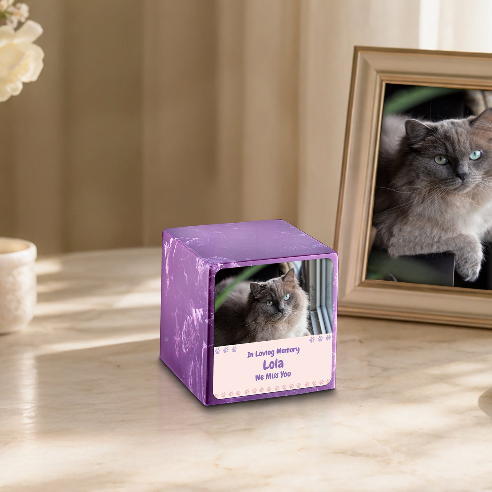 Small Cube Pet Photo Memorial Amethyst Cultured Marble Pet Cremation Urn by MacKenzie