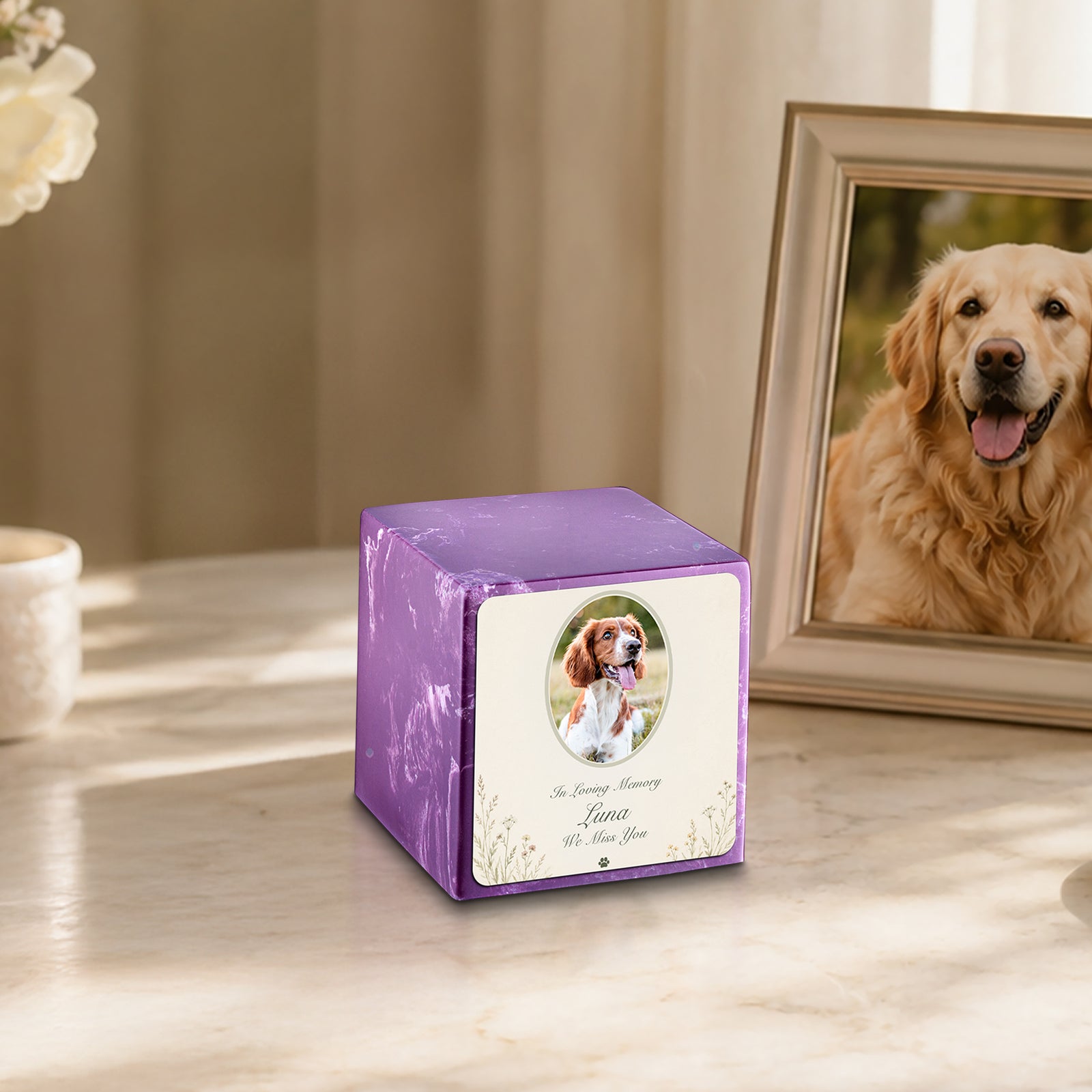 Small Cube Pet Portrait Tribute Amethyst Cultured Marble Pet Cremation Urn by MacKenzie