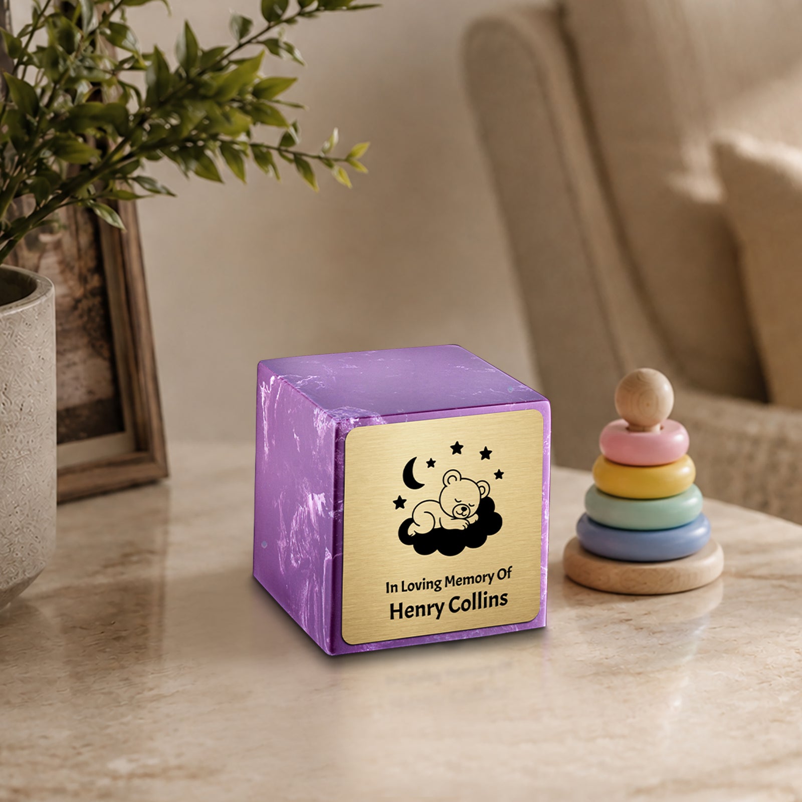 Small Cube Sleeping Teddy Amethyst Cultured Marble Child Cremation Urn by MacKenzie
