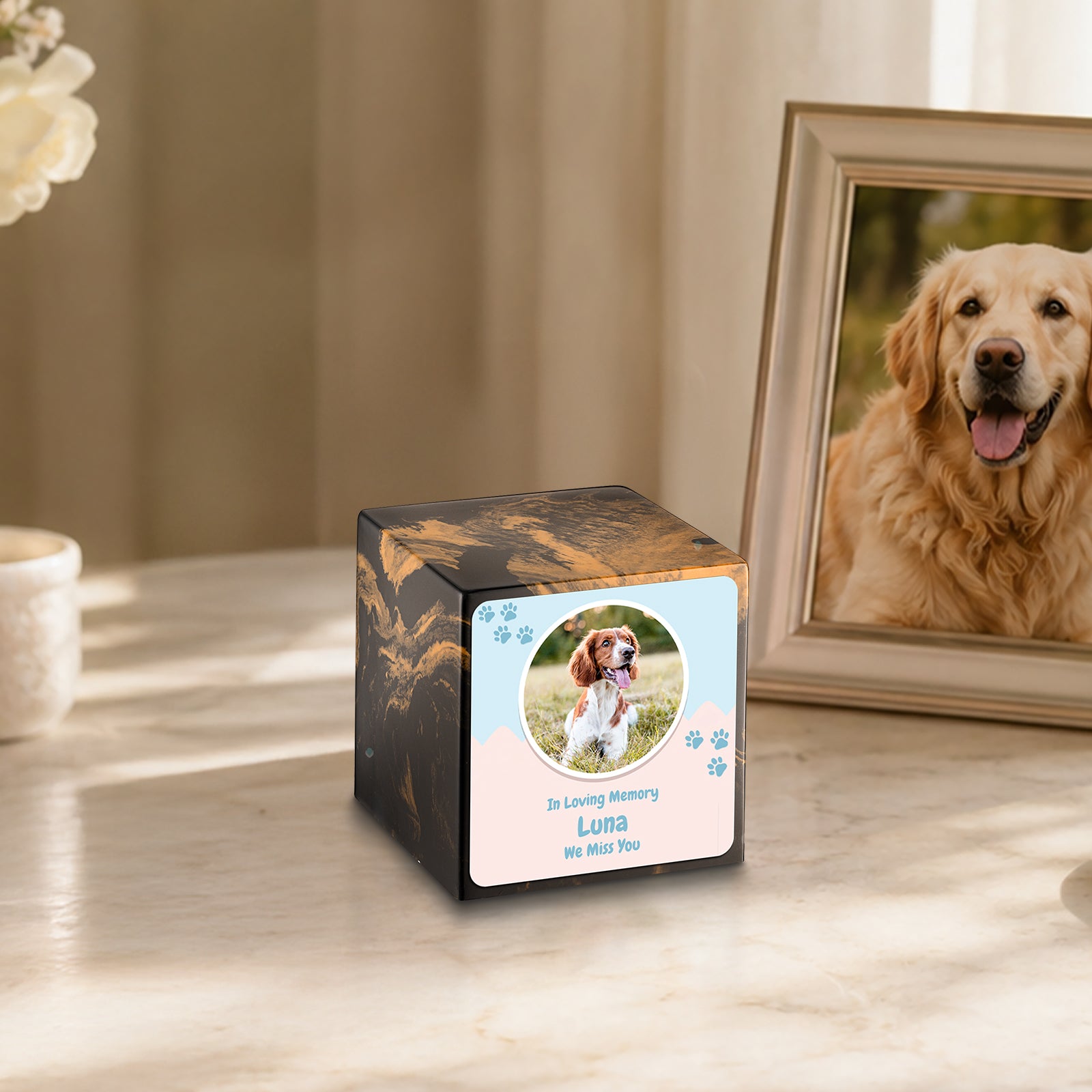 Small Cube Pet Portrait Black & Gold Cultured Marble Pet Cremation Urn by MacKenzie