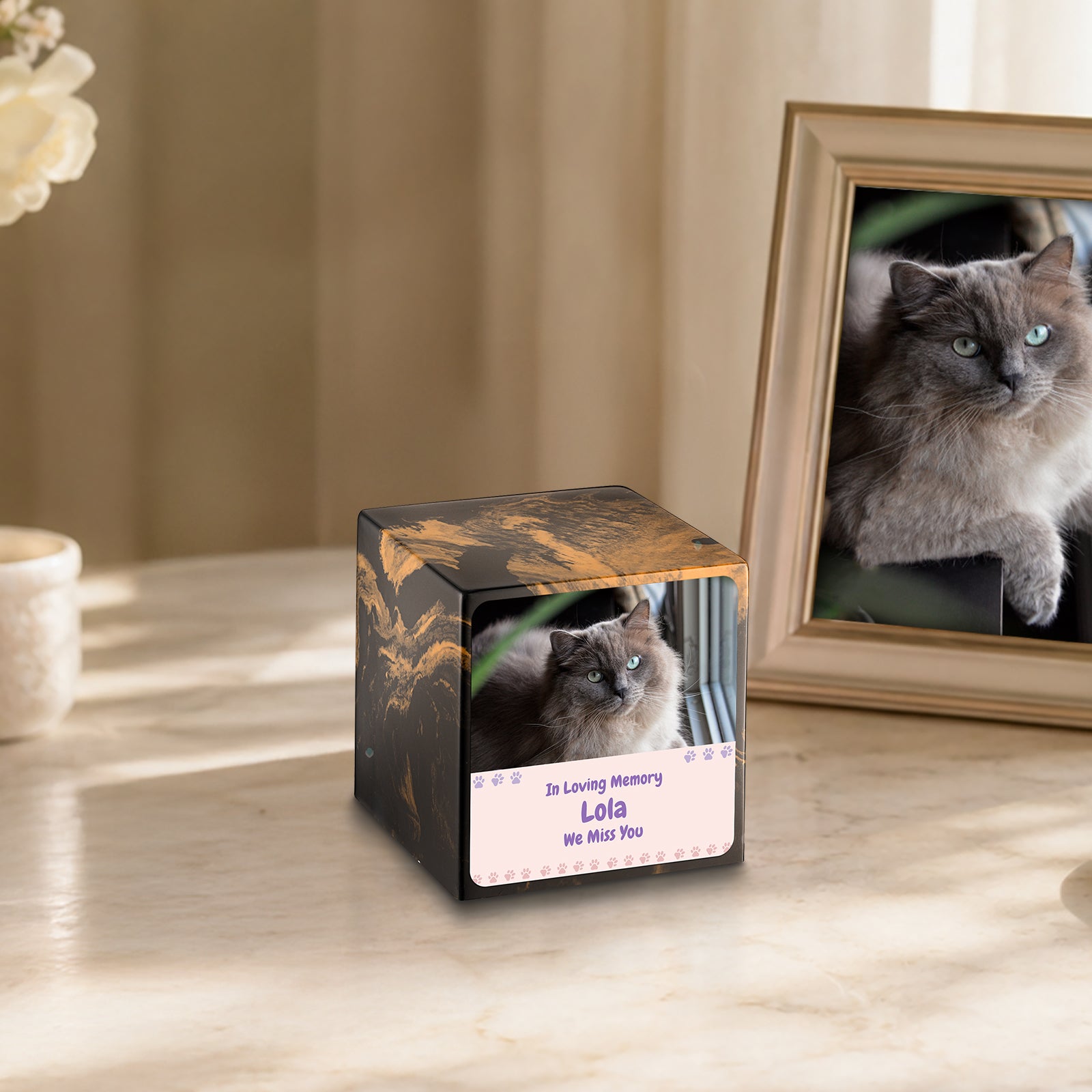 Small Cube Pet Photo Memorial Black & Gold Cultured Marble Pet Cremation Urn by MacKenzie