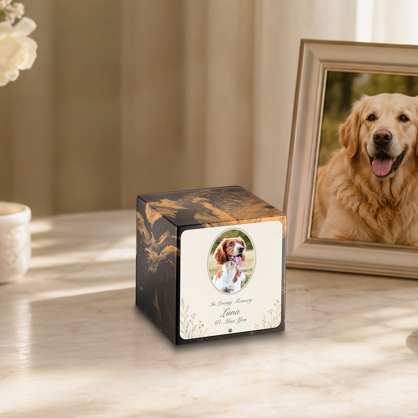 Small Cube Pet Portrait Tribute Black & Gold Cultured Marble Pet Cremation Urn by MacKenzie